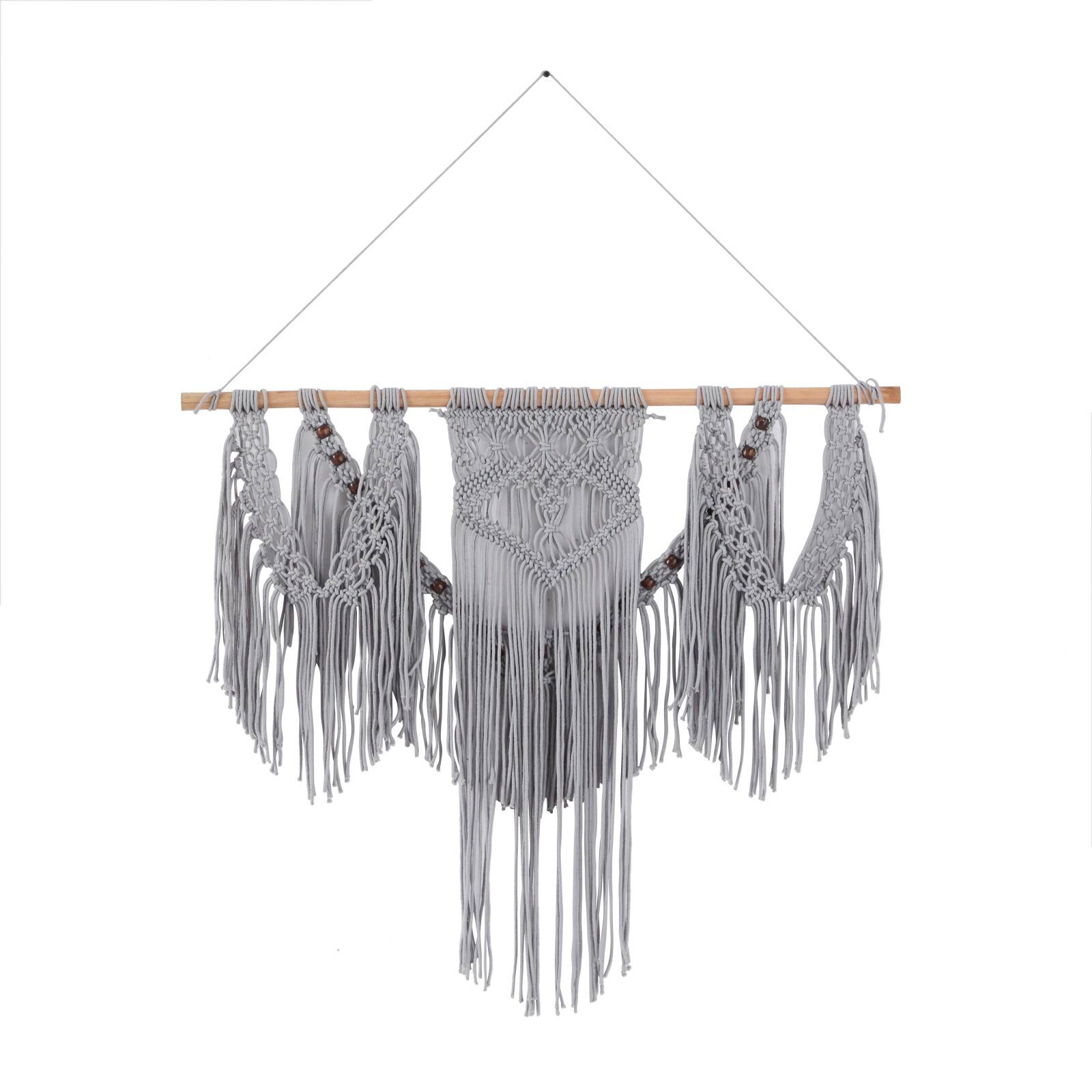 Gray Cotton Intricately Weaved Macrame Wall Decor with Beaded Fringe Tassels 36" x 1" x 47"