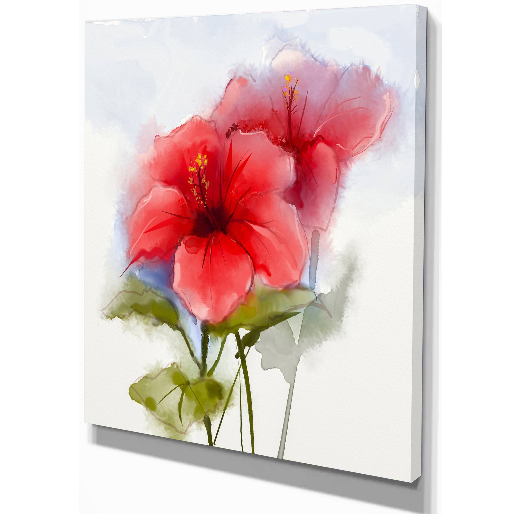 Designart - Watercolor Painting Red Hibiscus Flower - Large Floral Canvas Art Print