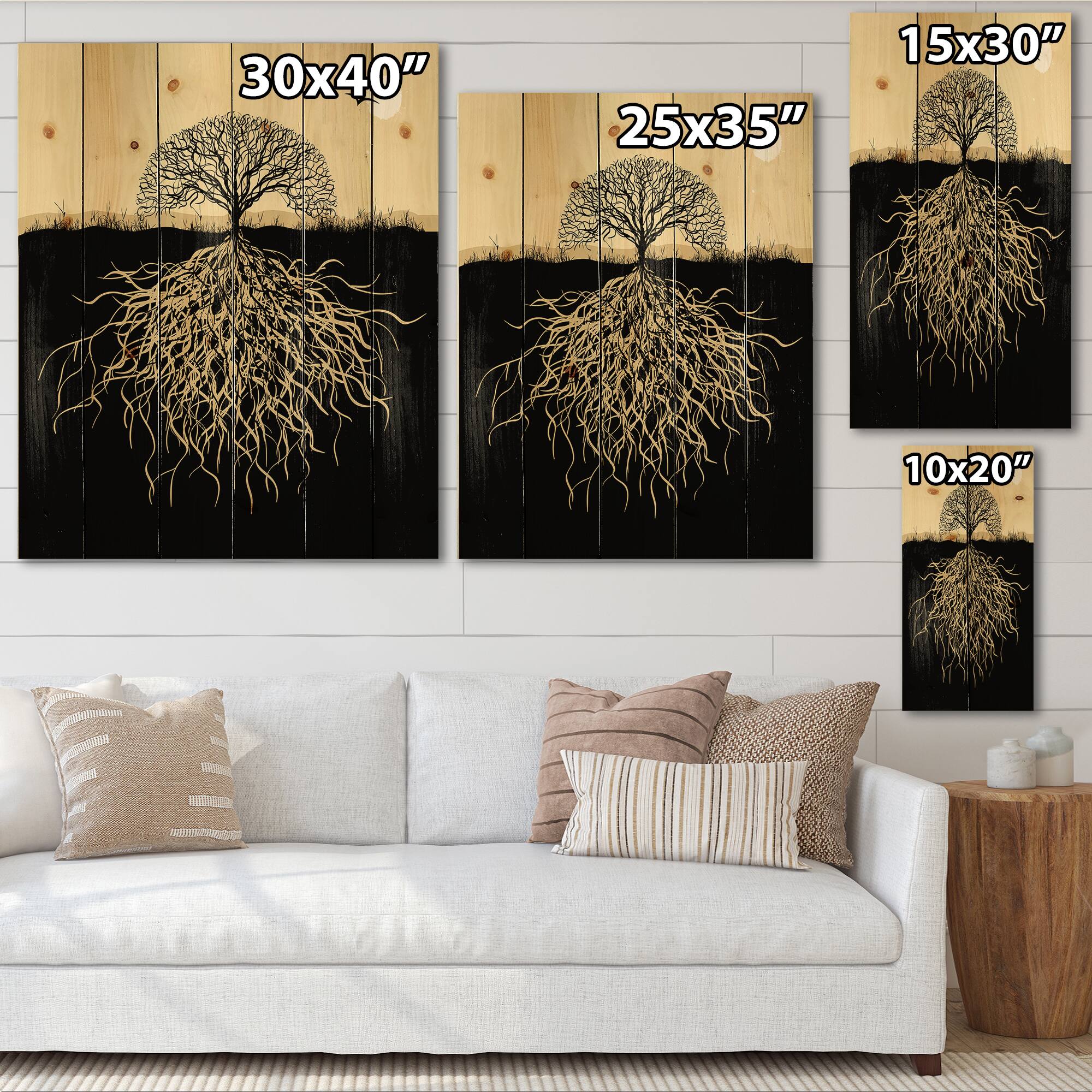 Designart - Tree Silhouette With Roots - Traditional Print on Natural Pine Wood
