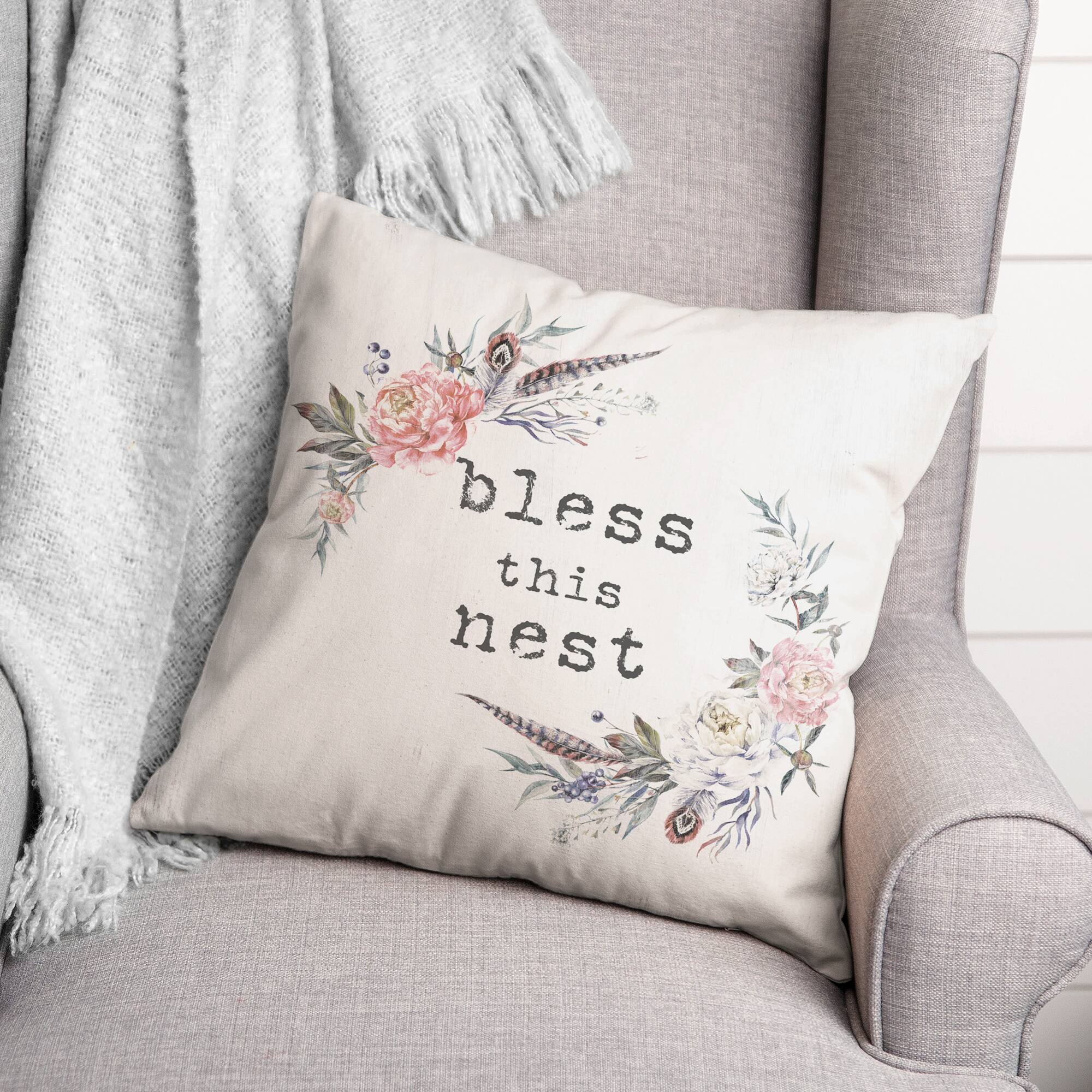 Bless This Nest Floral Throw Pillow