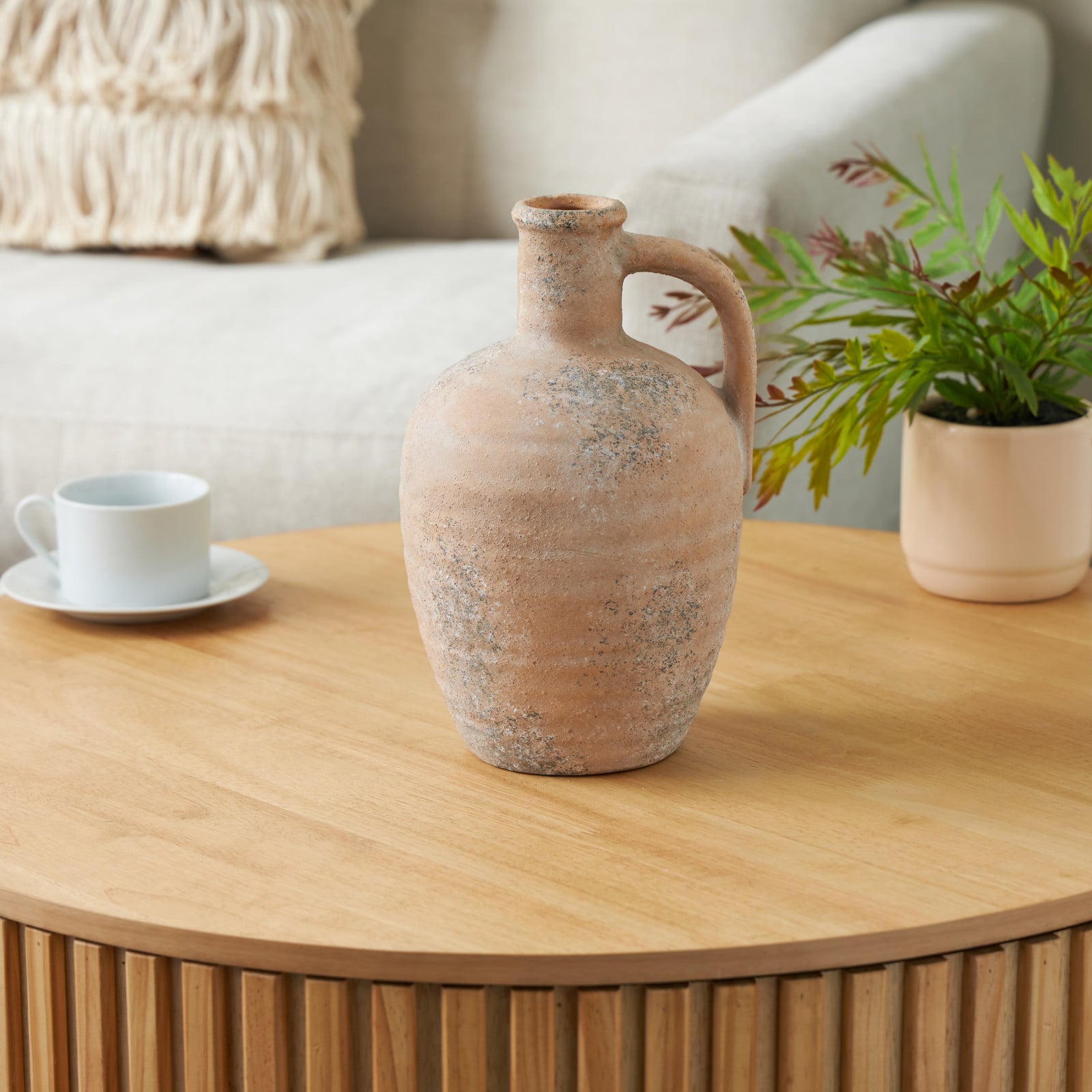 11" Beige Antique-Style Distressed Ceramic Vase with Handle