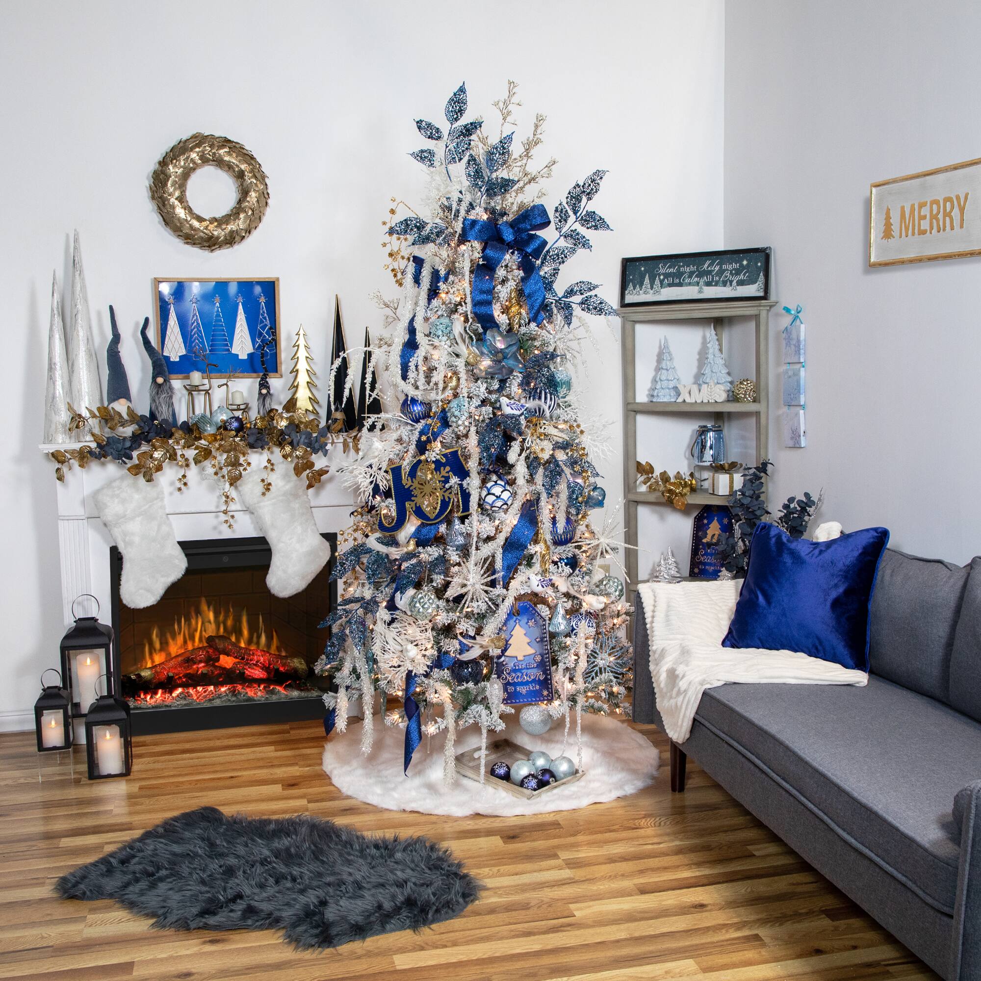 20&#x22; Blue &#x26; Gold Triangular Christmas Tree Tabletop D&#xE9;cor