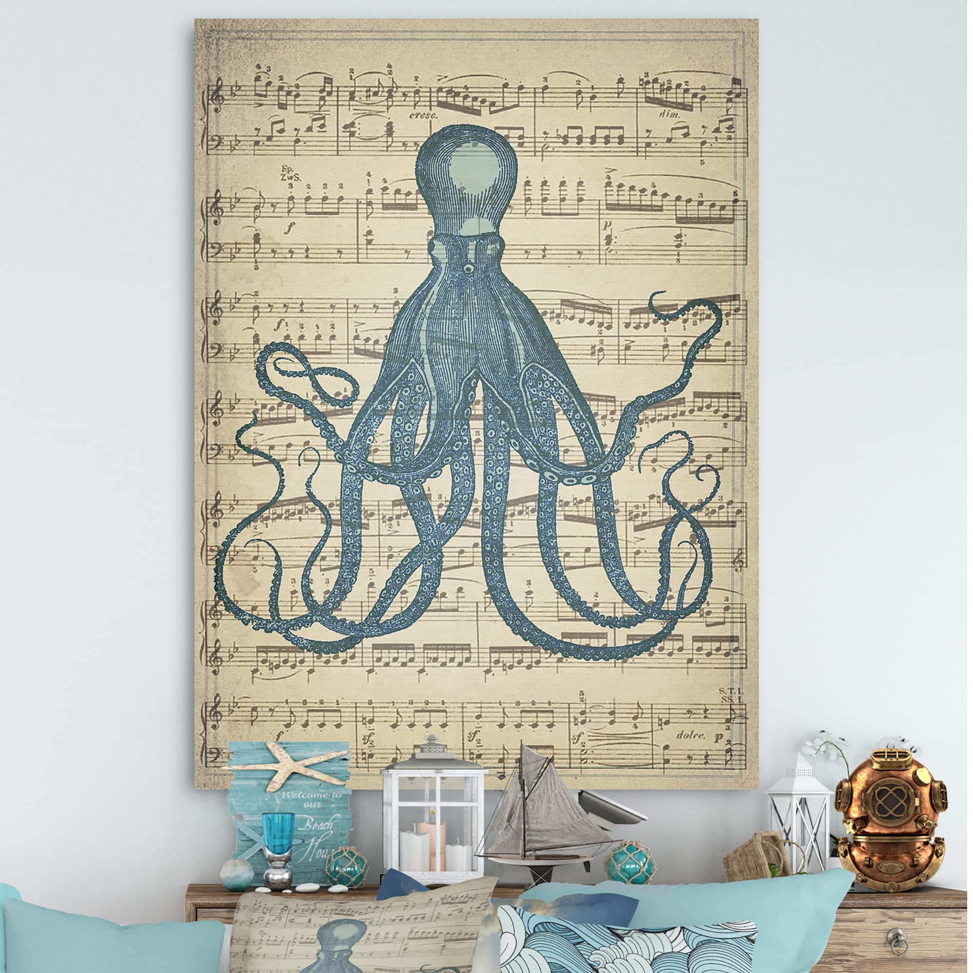 Designart - Octopus Music Score II - Nautical &#x26; Coastal Premium Canvas Wall Art
