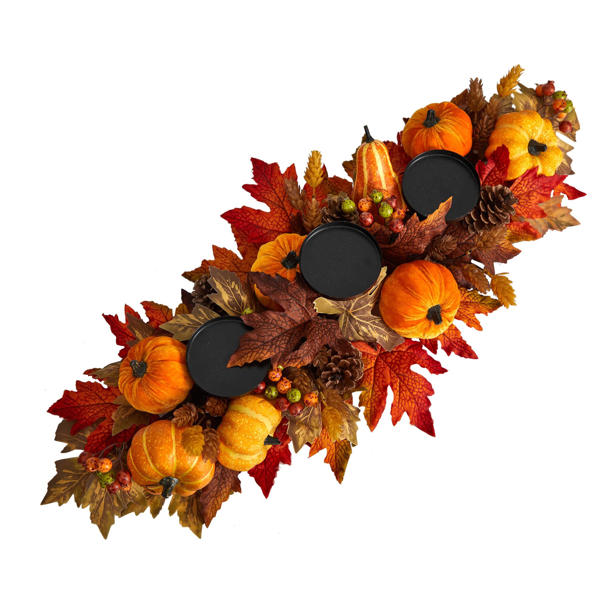 36" Maple Leaves, Pumpkin & Berries Fall Harvest Candelabrum Arrangement