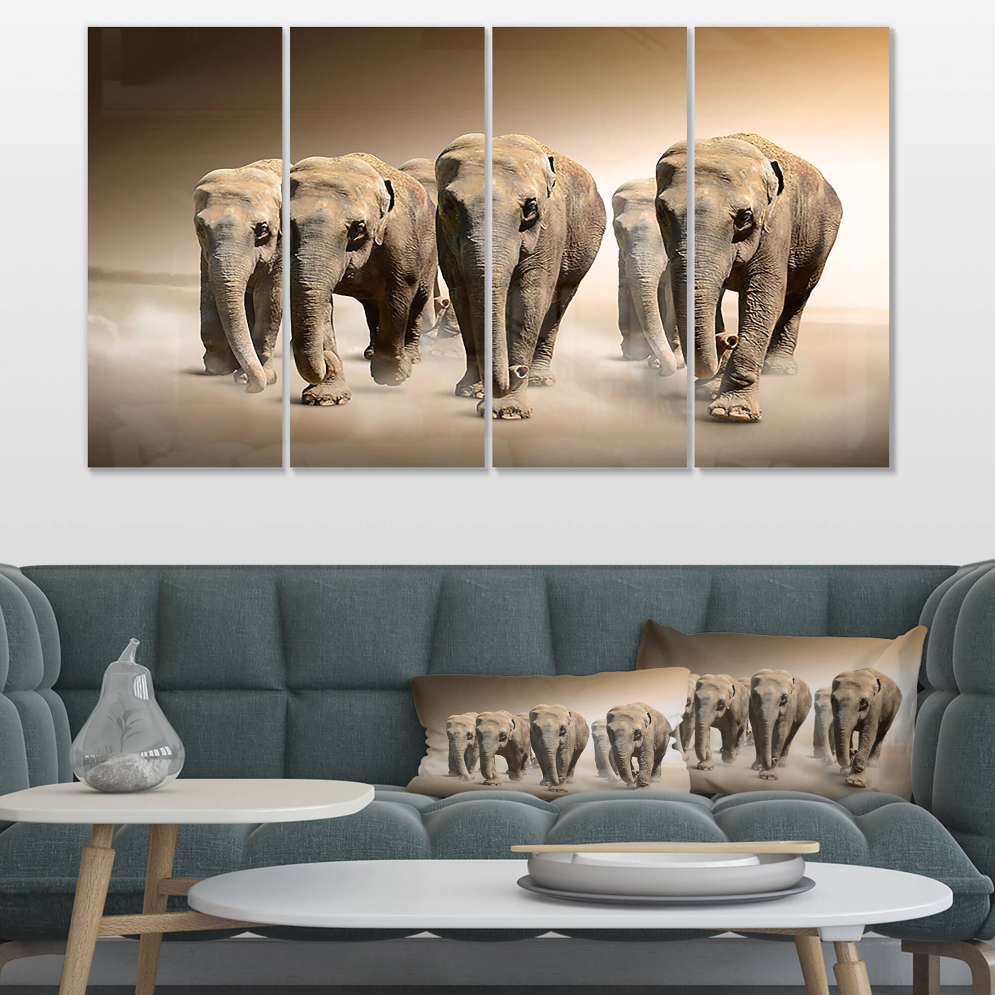 Designart - Walking Herd of Elephants - Animal Canvas Wall Art