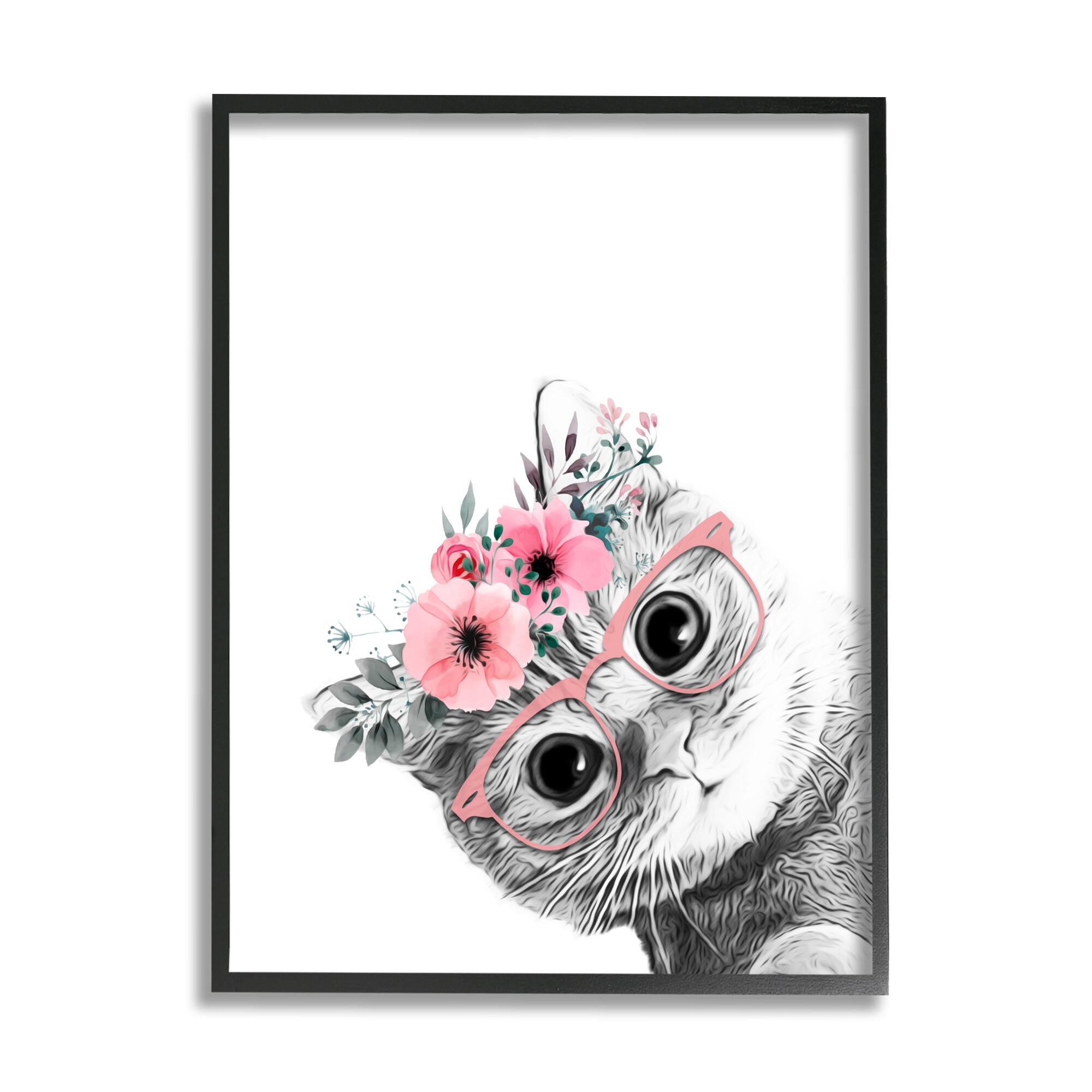 Stupell Industries Pink Flower Crown Cat with Glasses Framed Giclee Art