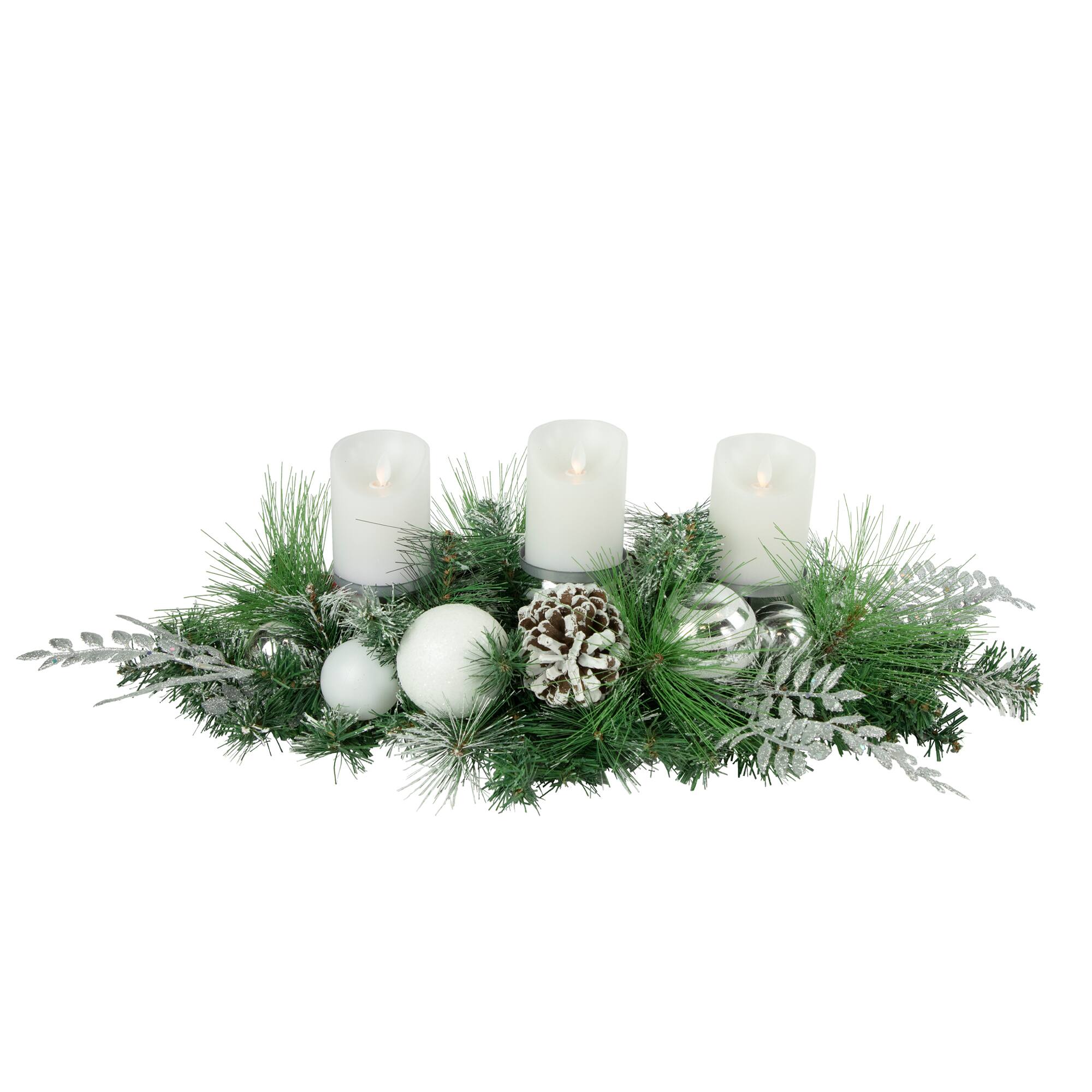 30&#x22; Green Pine &#x26; Needle Triple Candle Holder with Pinecones &#x26; Christmas Ornaments
