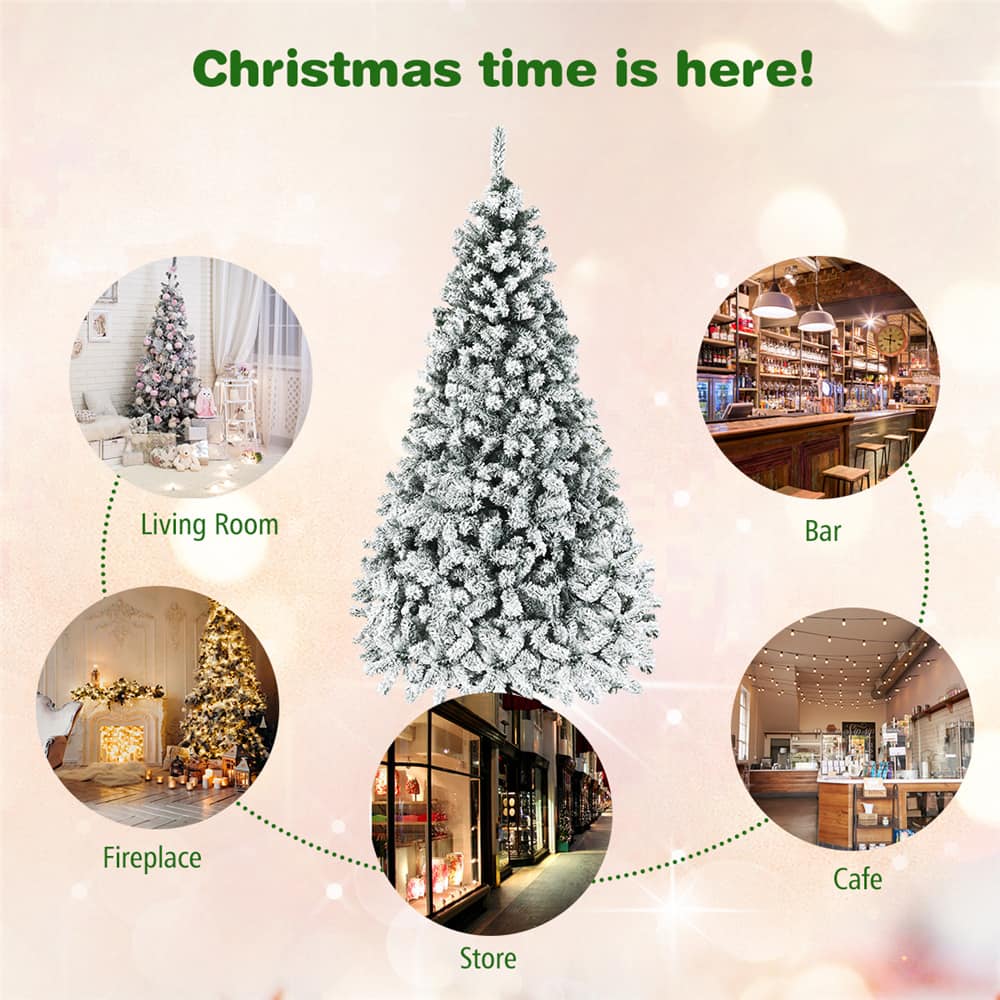 Costway 7.5ft. Pre-Lit Snow-Flocked Artificial Christmas Tree, Warm White LED Lights