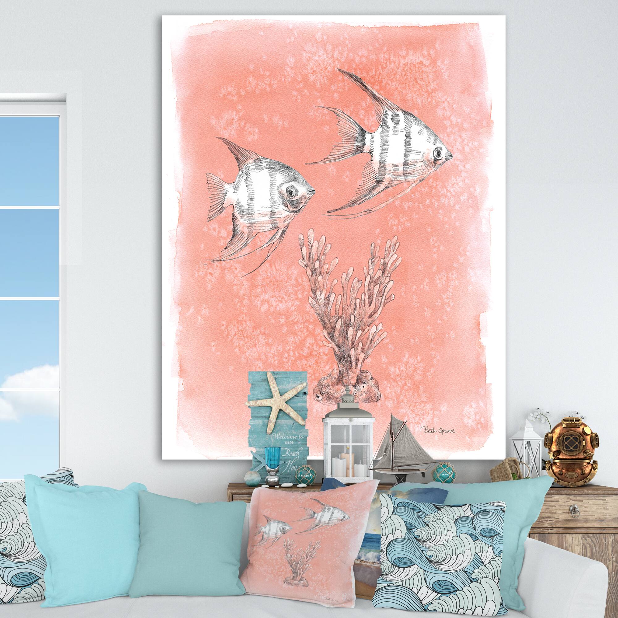 Designart - Coastal Sea Life III fish sketches - Nautical & Coastal Premium Canvas Wall Art