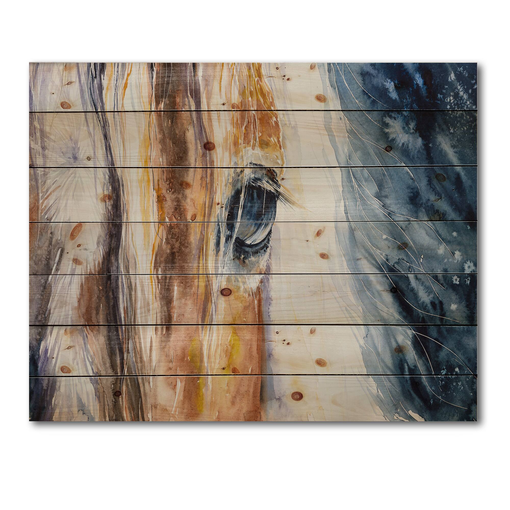 Designart - Close-Up of A Beautiful Horses Eye I - Farmhouse Print on Natural Pine Wood