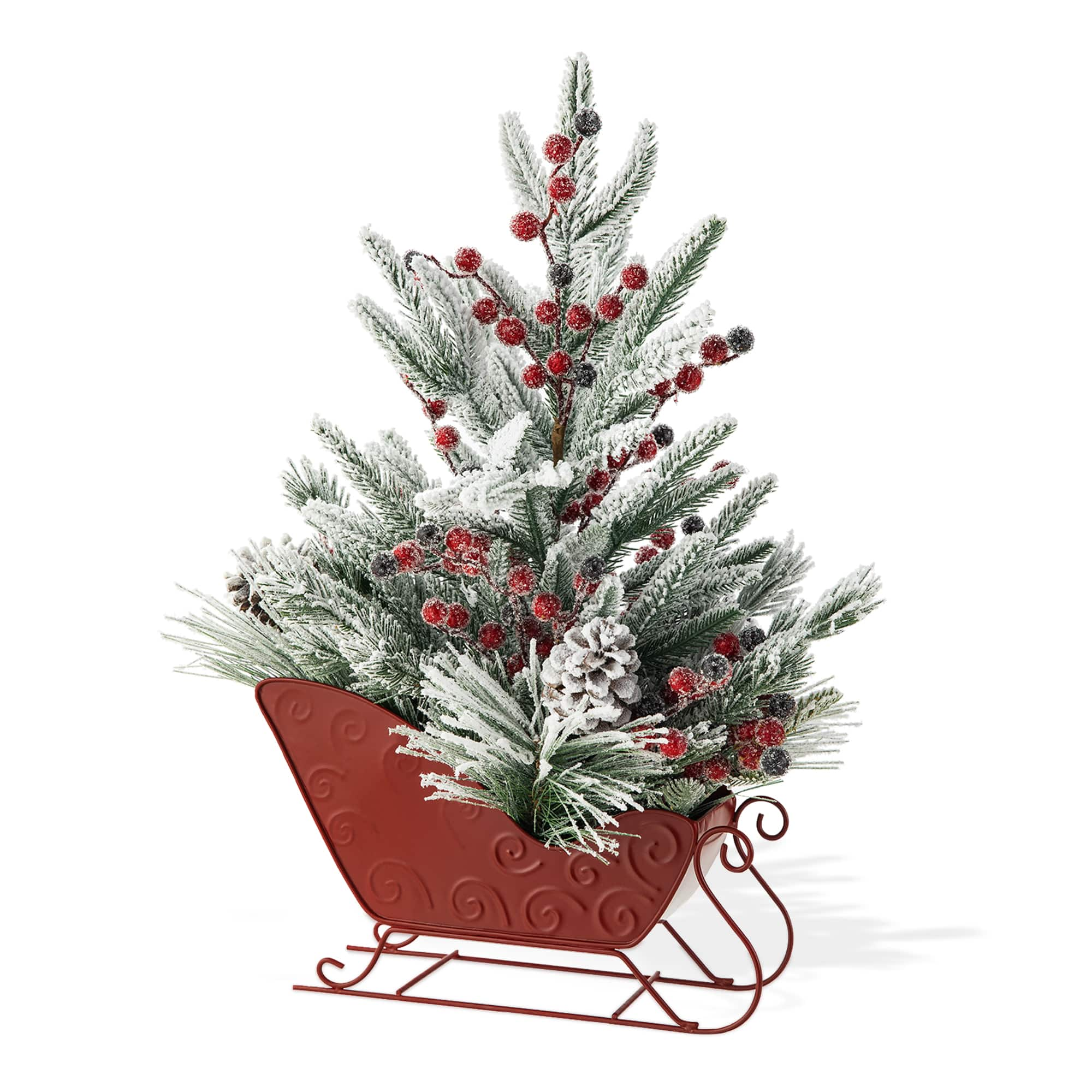 Glitzhome&#xAE; 21&#x22; Christmas Red Sleigh Frosted Floral Centerpiece