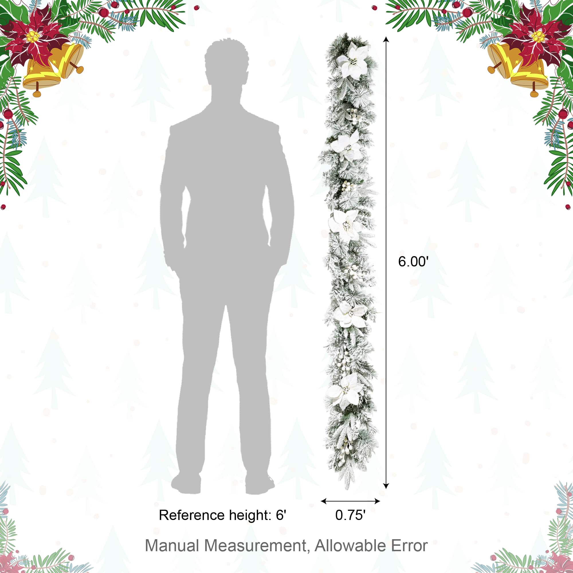 Glitzhome® 6ft. Pre-Lit Flocked Pine & White Poinsettia Christmas Garlands with Timers, 2ct.