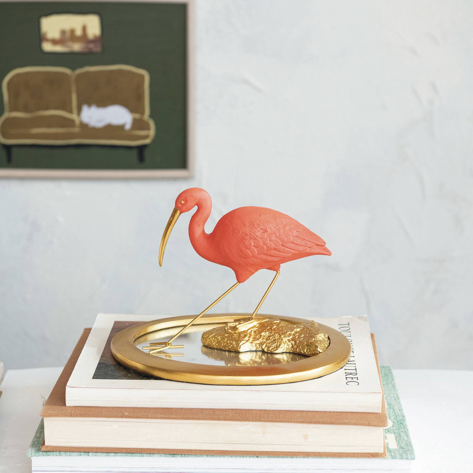 Hello Honey® 10" Coral & Gold Ibis on Mirrored Tray