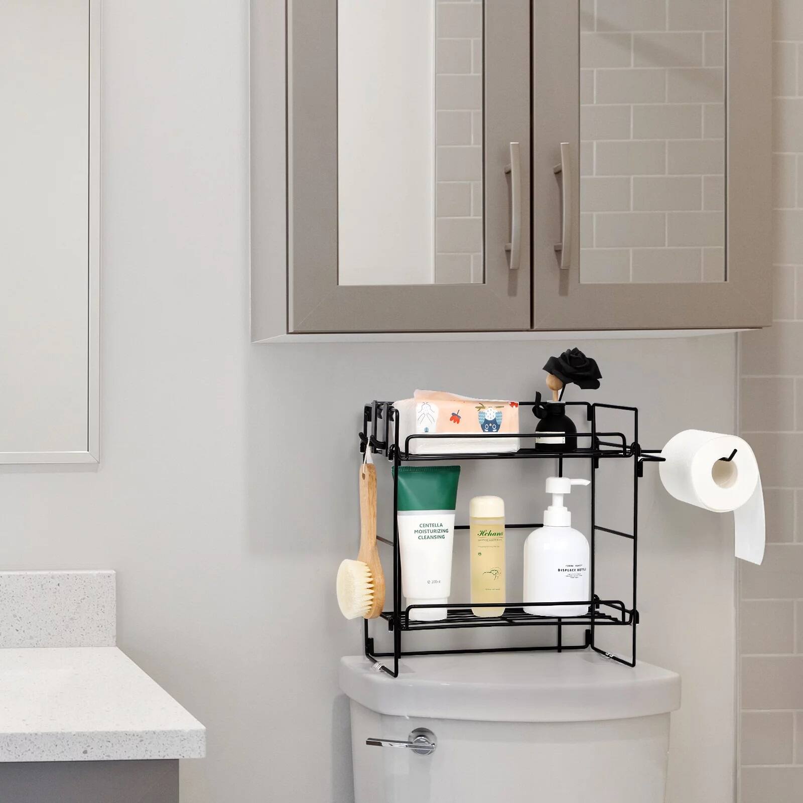 Over The Toilet Storage Shelf Organizer Basket with Paper Towel Holder