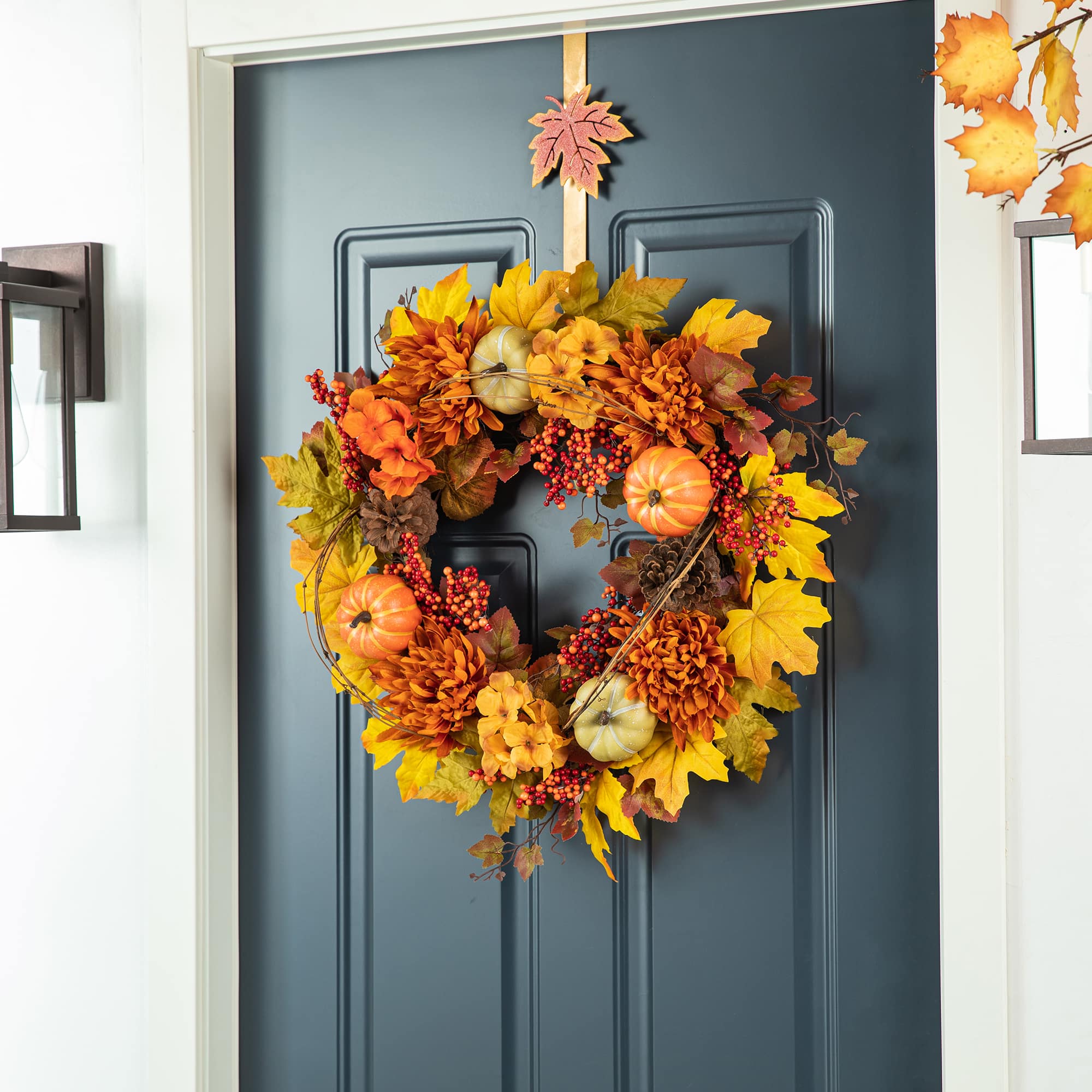 Glitzhome® 24" Fall Dahlia, Pumpkin, Leaf & Berry Wreath