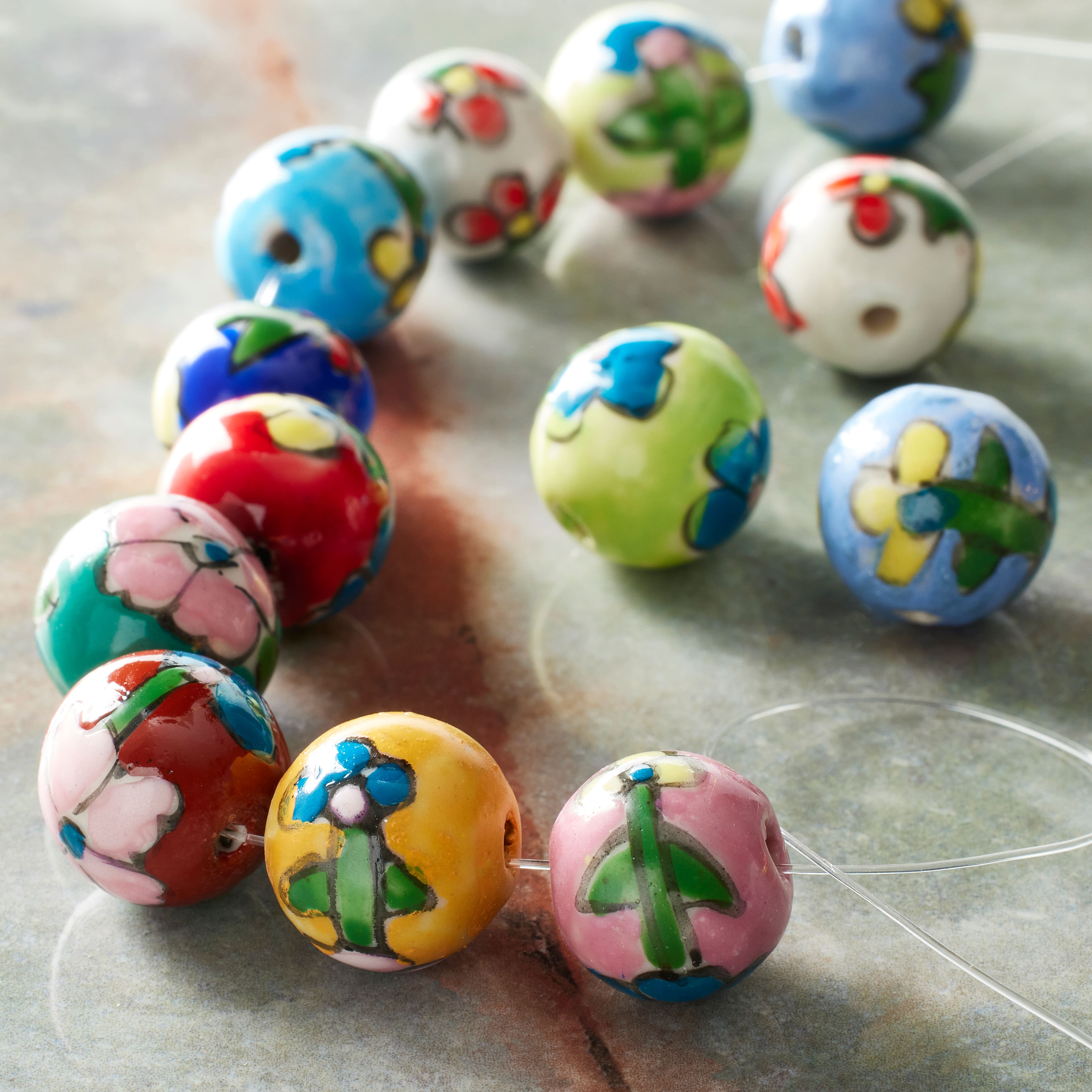 Multicolor Ceramic Flower Design Round Beads, 14mm by Bead Landing™