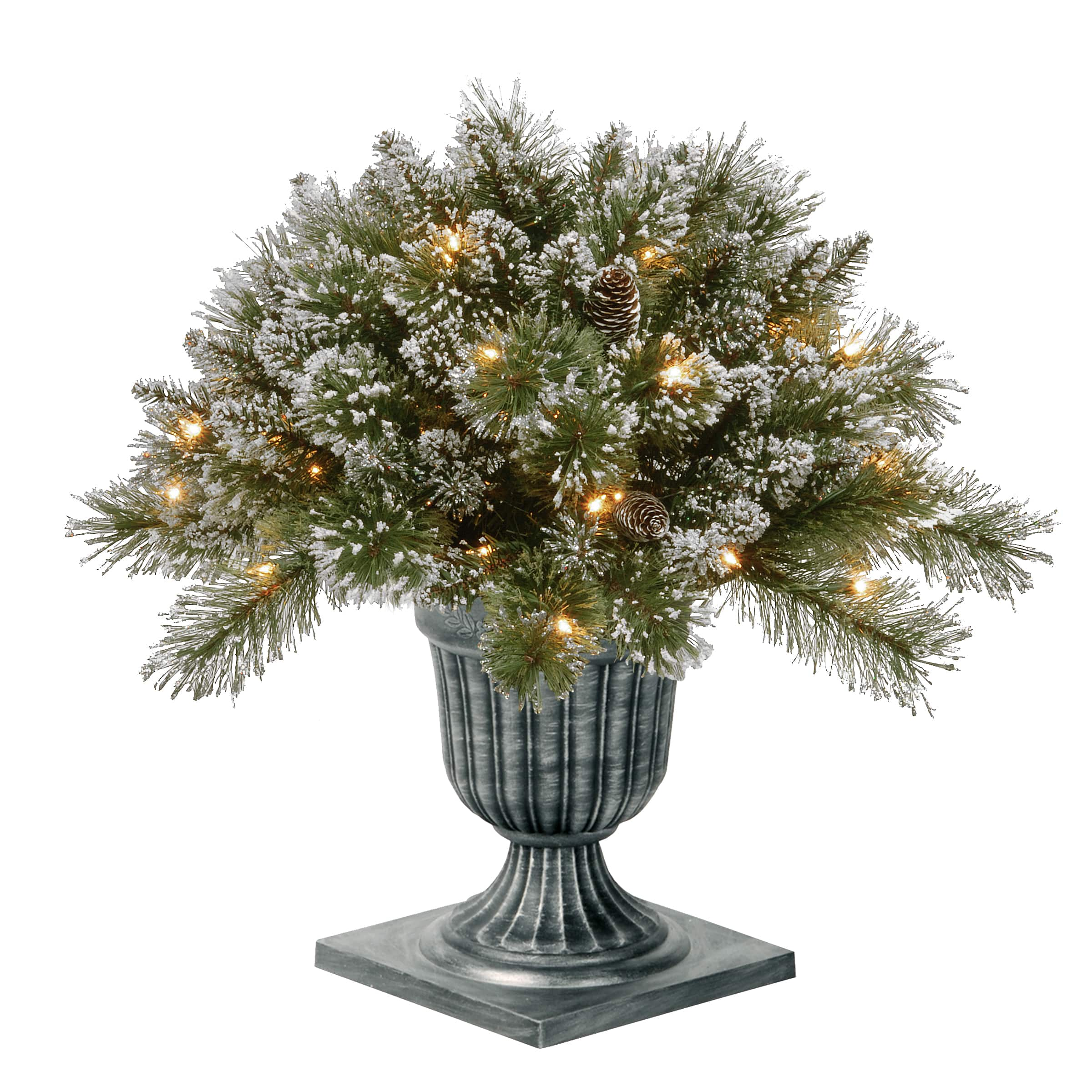 24&#x22; Glittery Bristle&#xAE; Pine Porch Bush in Dark Bronze Plastic Urn with White Tipped Cones