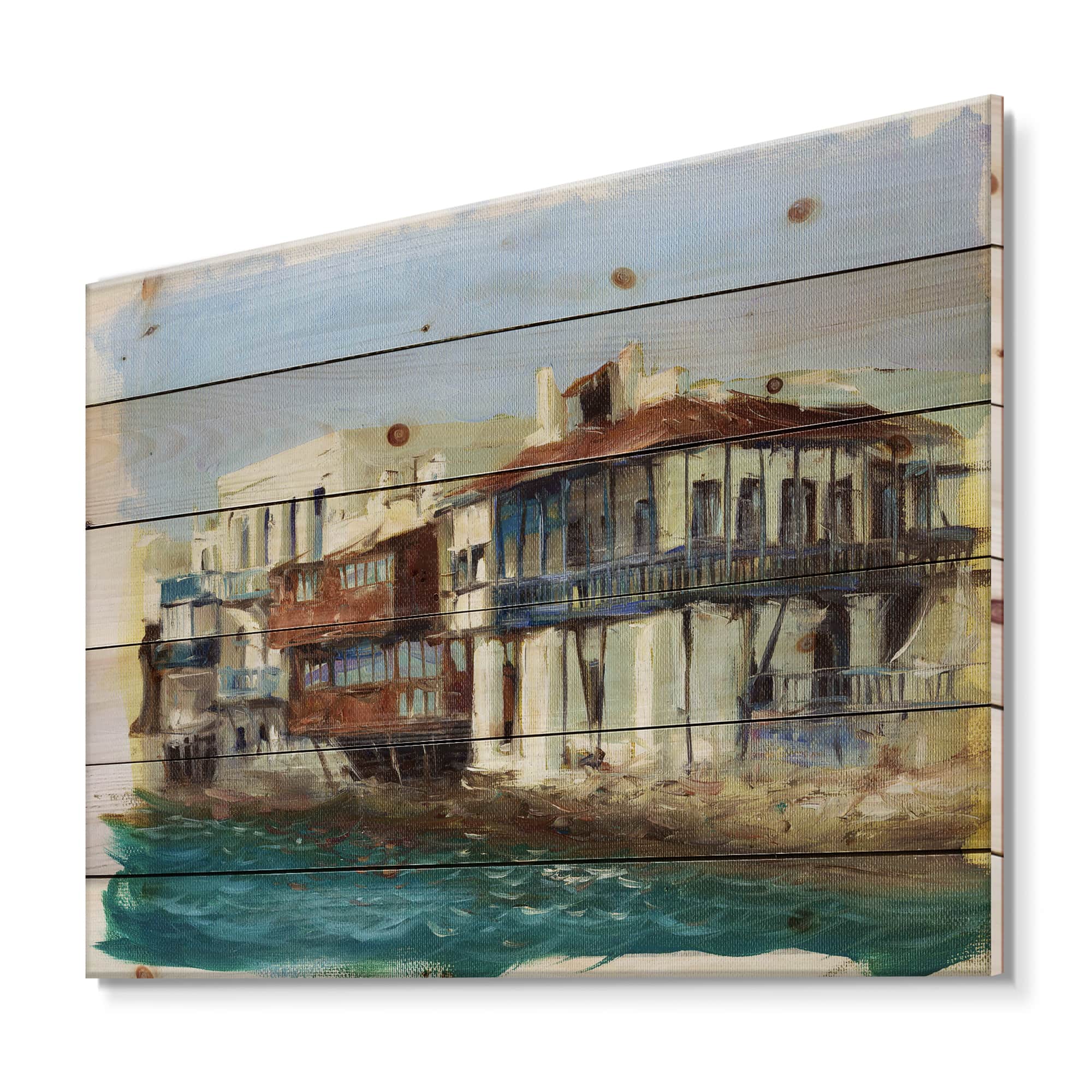 Designart - Old Houses On The Island of Mykonos Greece - Nautical &#x26; Coastal Print on Natural Pine Wood