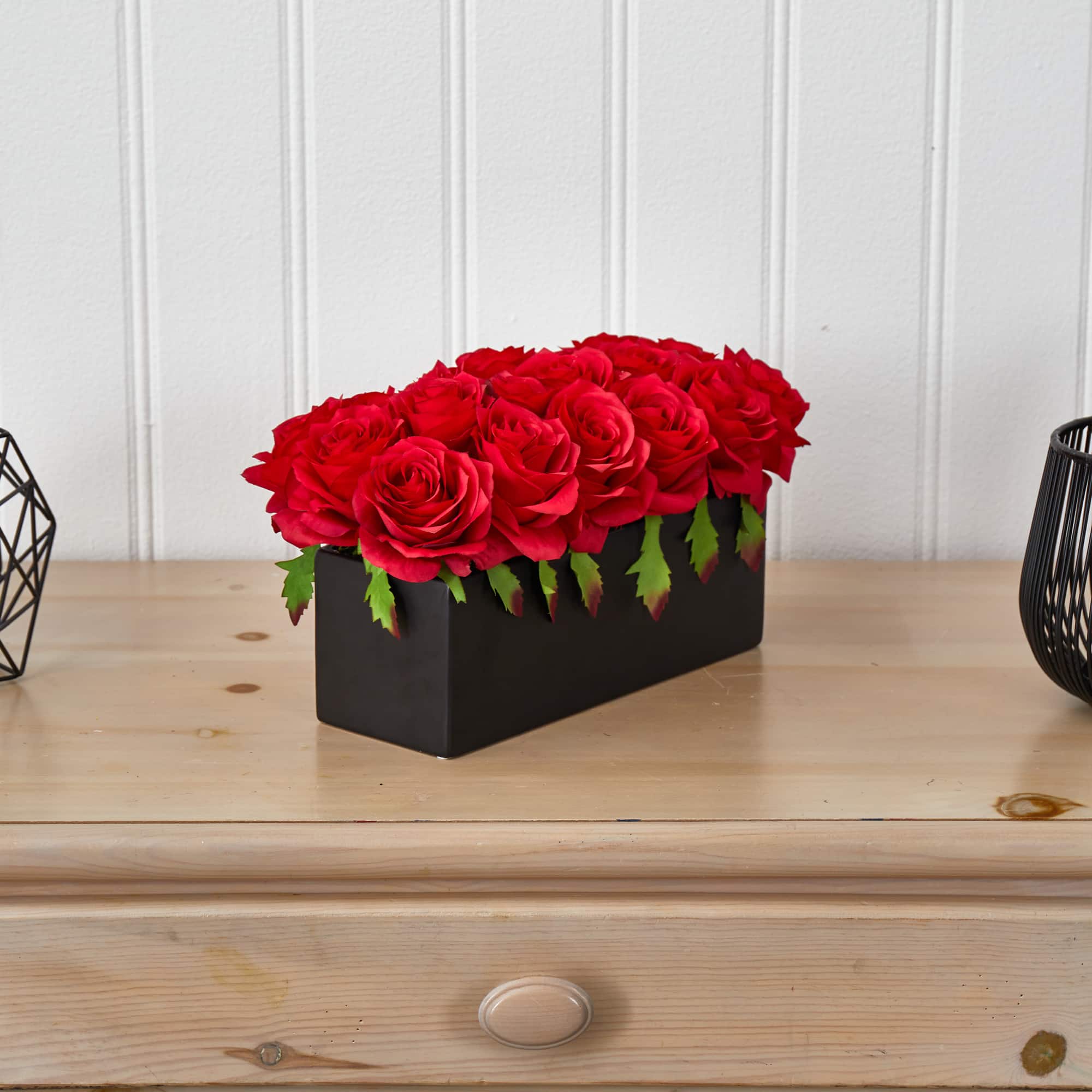12.5" Dozen Silk Roses in Ceramic Rectangular Planter