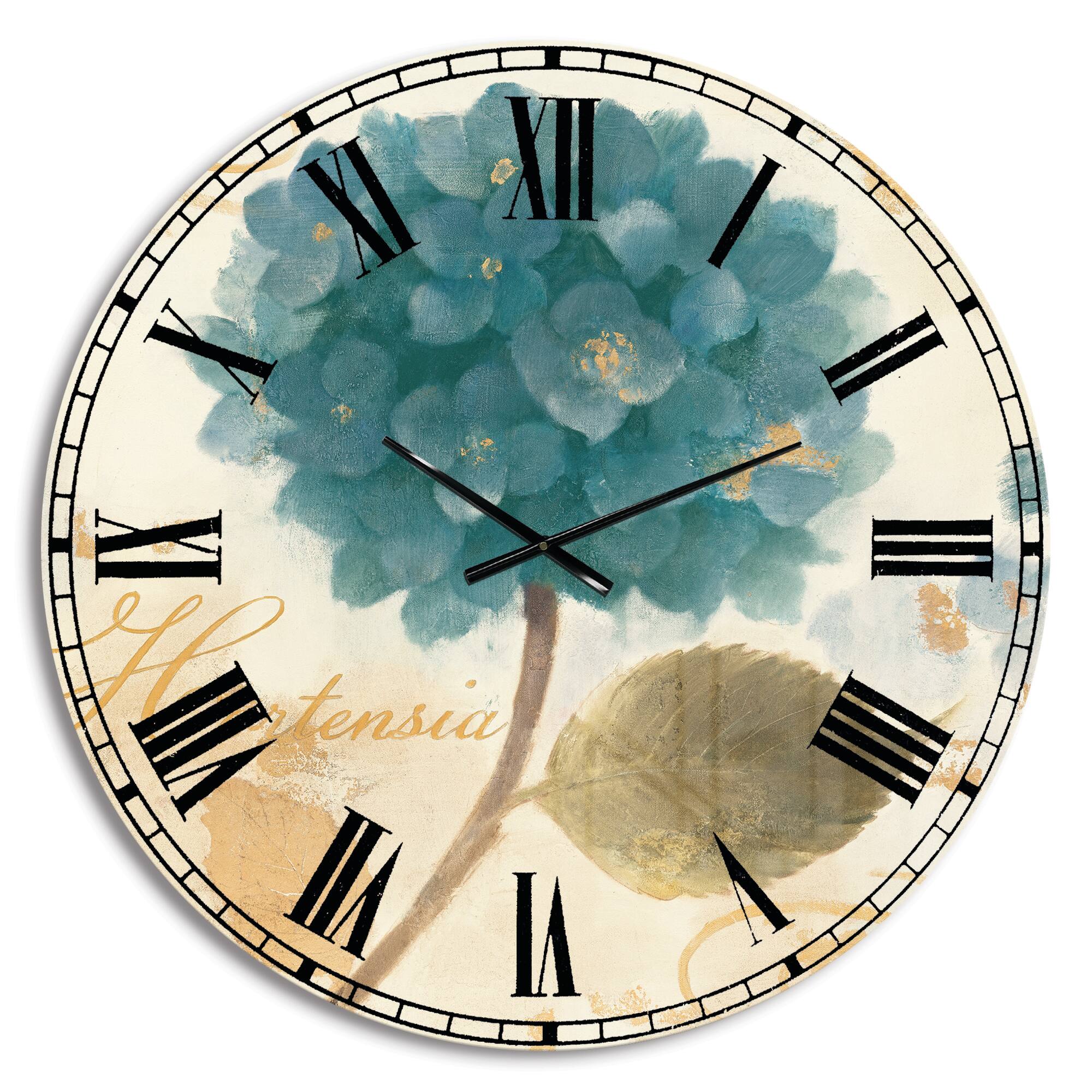 Designart &#x27;Blue Cottage Flower Hydrangea I Farmhouse Wall Clock