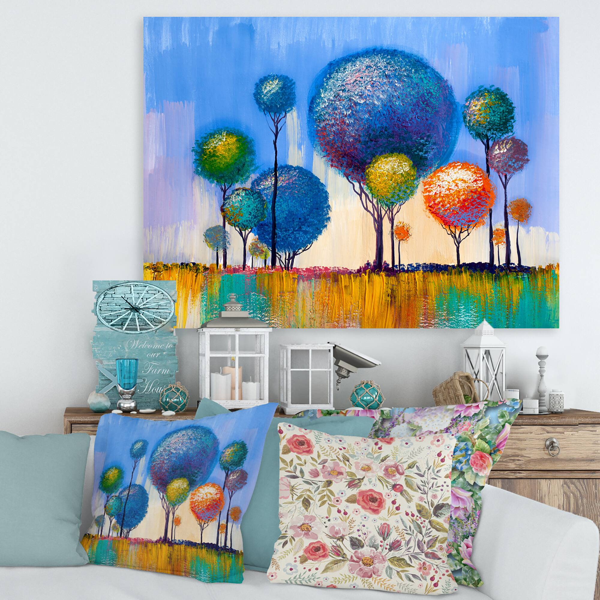 Designart - Colourful Trees Impressionist Landscape I - Modern Canvas Wall Art Print