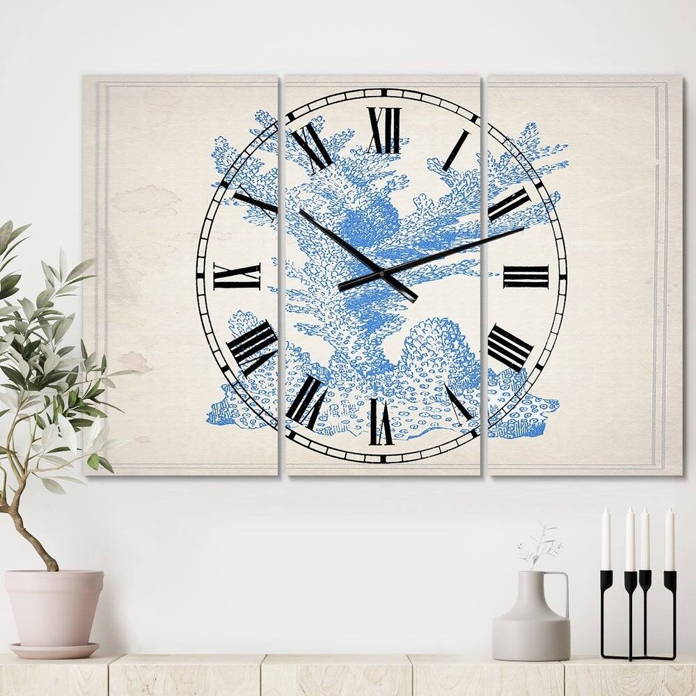 Designart Nautical & Coastal Blue Coral 3 Panel Large Wall Clock