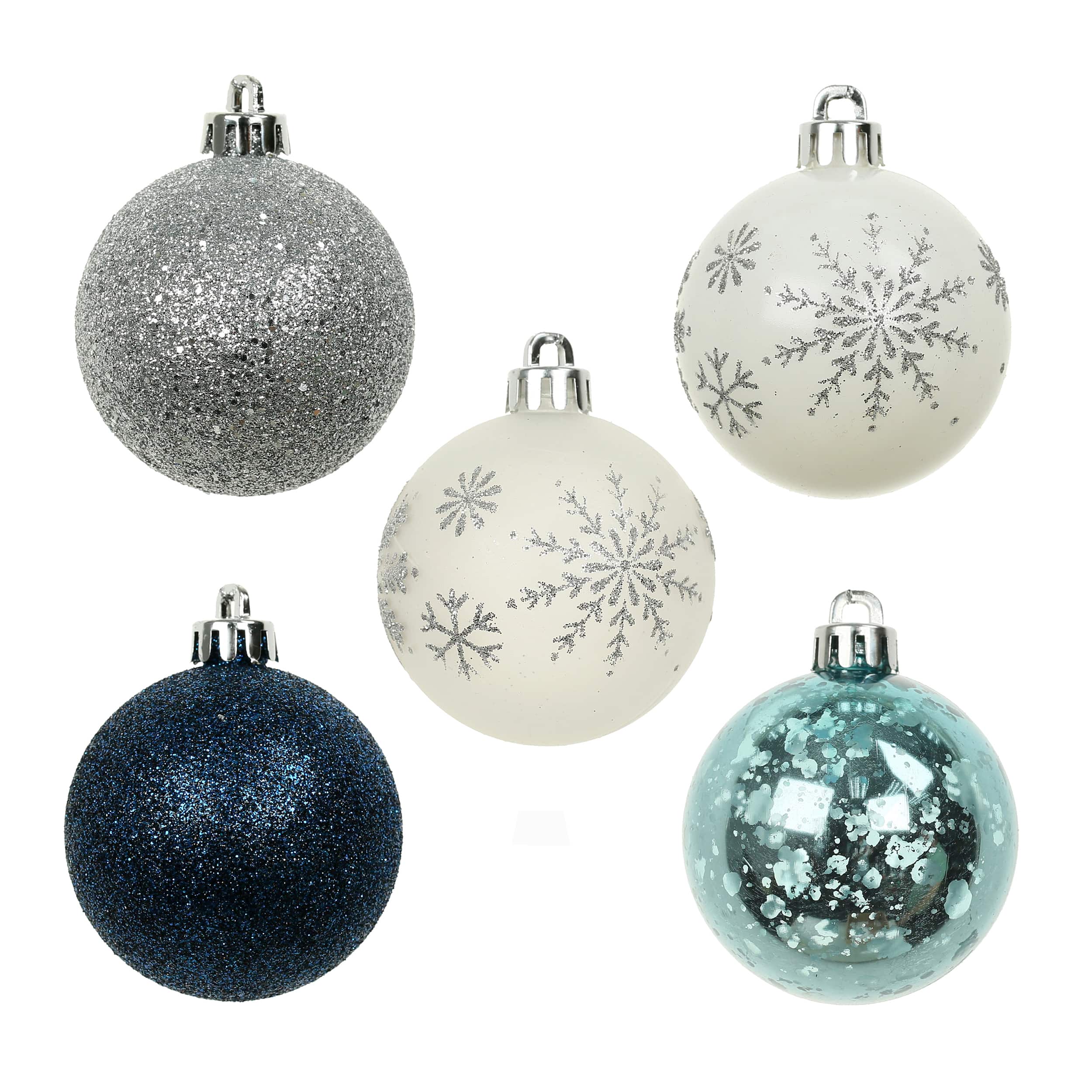 5 Pack 2.2" Blue & Silver Snowflake Shatterproof Ball Ornaments by Ashland®