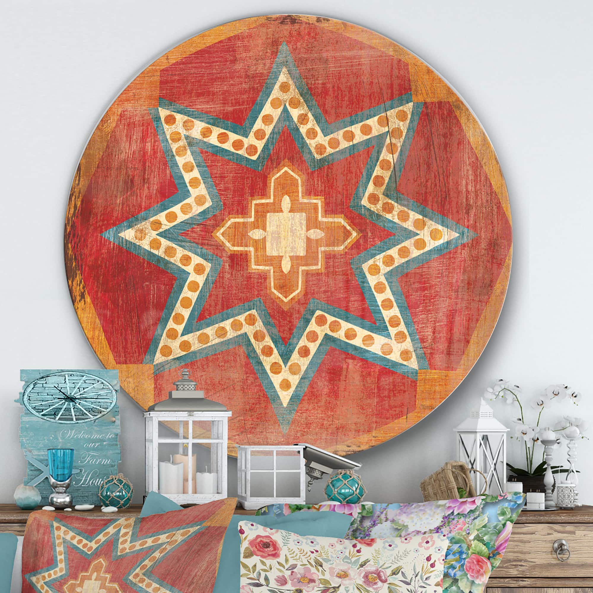 Designart - Moroccan Orange Tiles Collage I - Farmhouse Metal Circle Wall Art