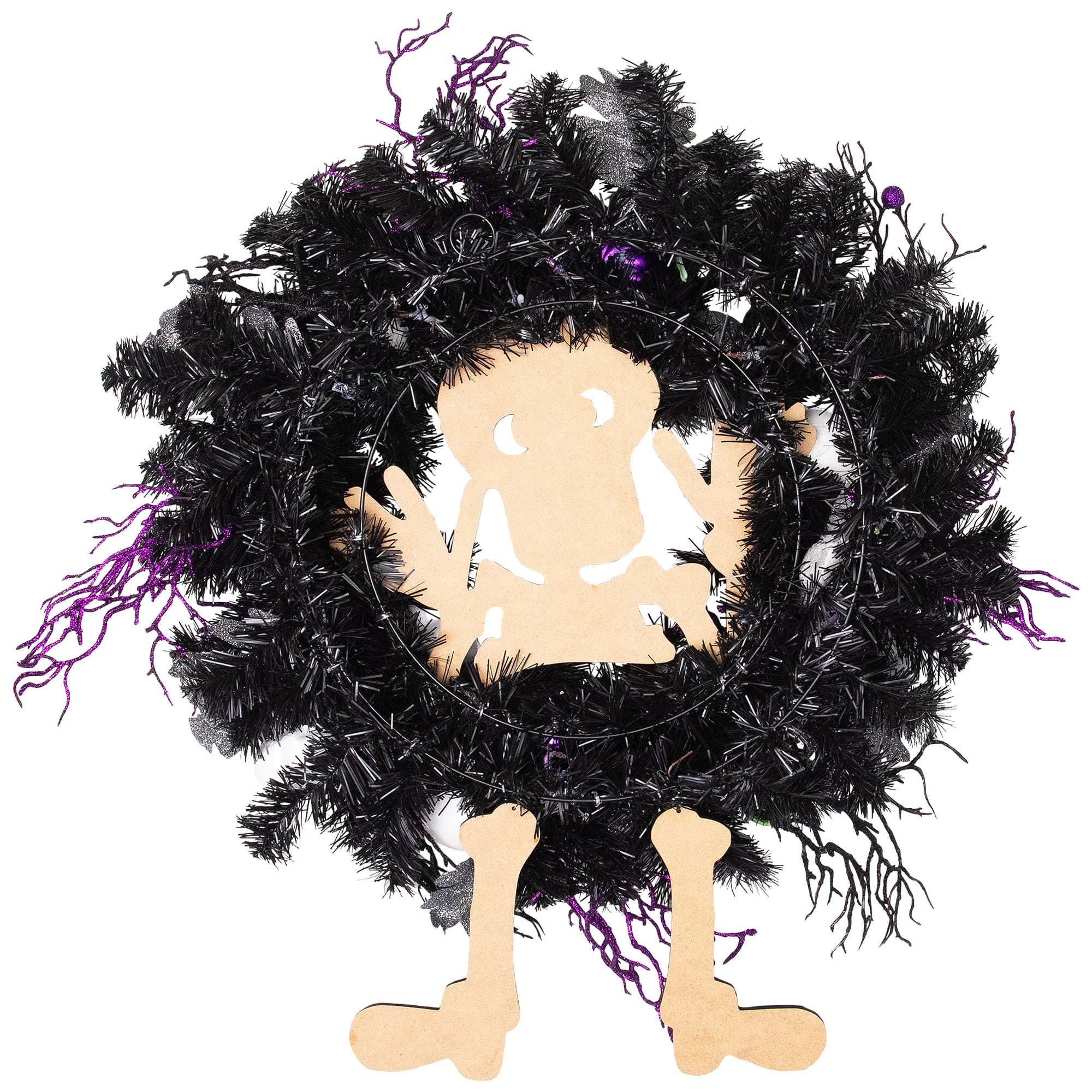 24'' Unlit Purple and Black Spooky Skeleton Pine Halloween Wreath