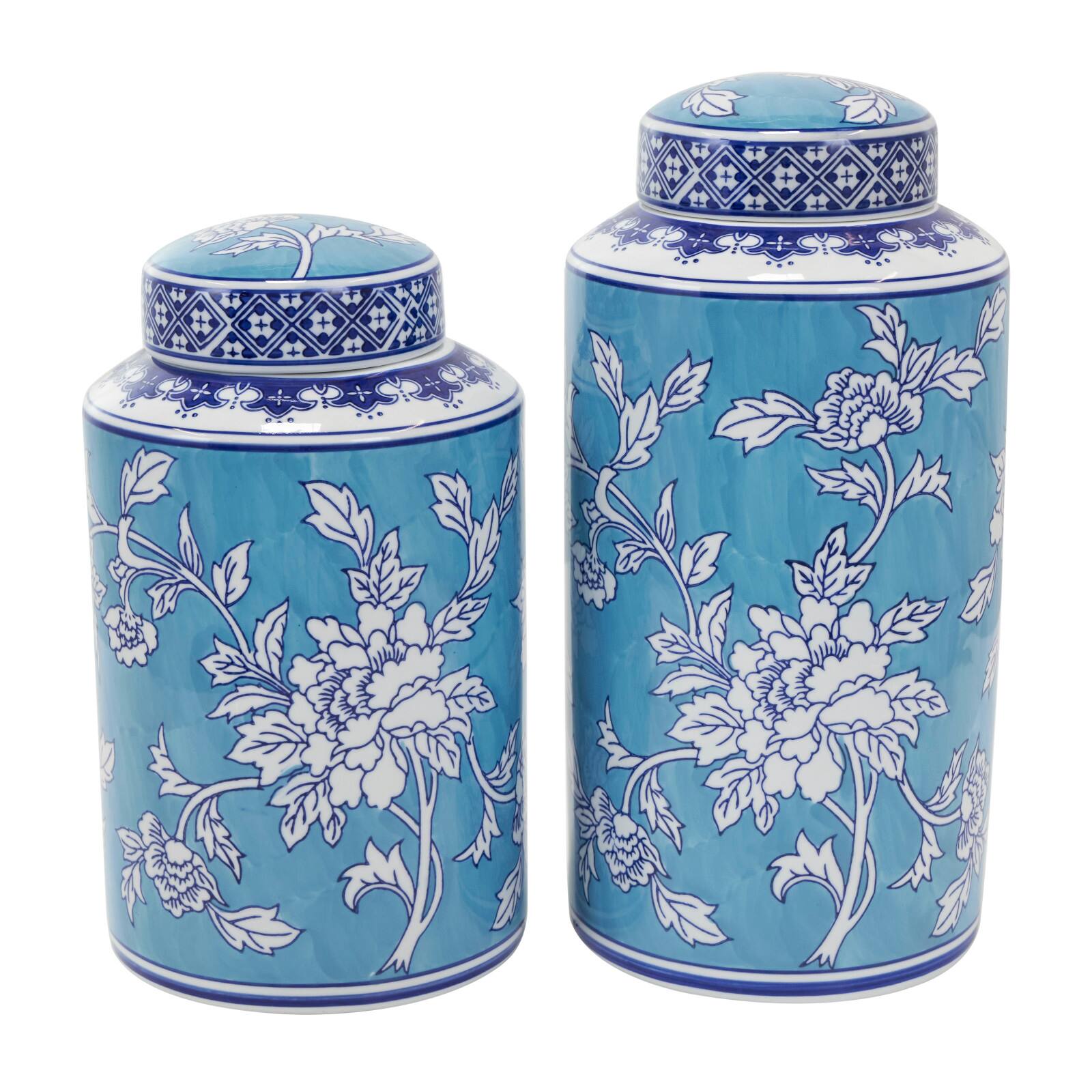 Blue Ceramic Decorative Jar Set with White Floral Patterns