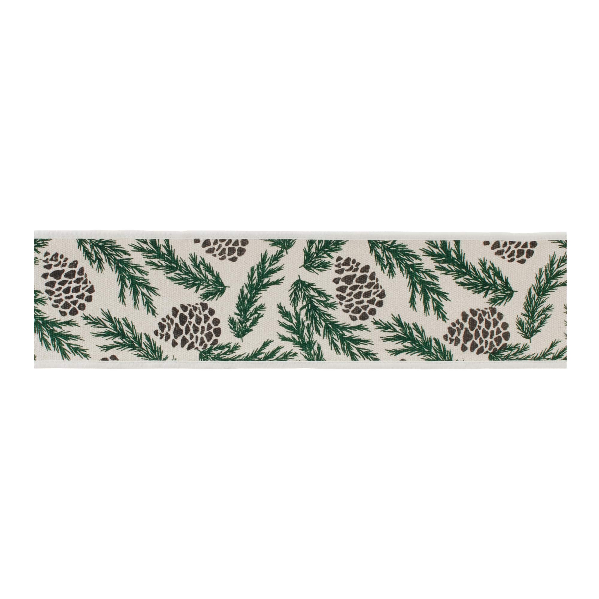 4" x 5yd. Green & White Wired Pine & Pinecone Cotton Ribbon