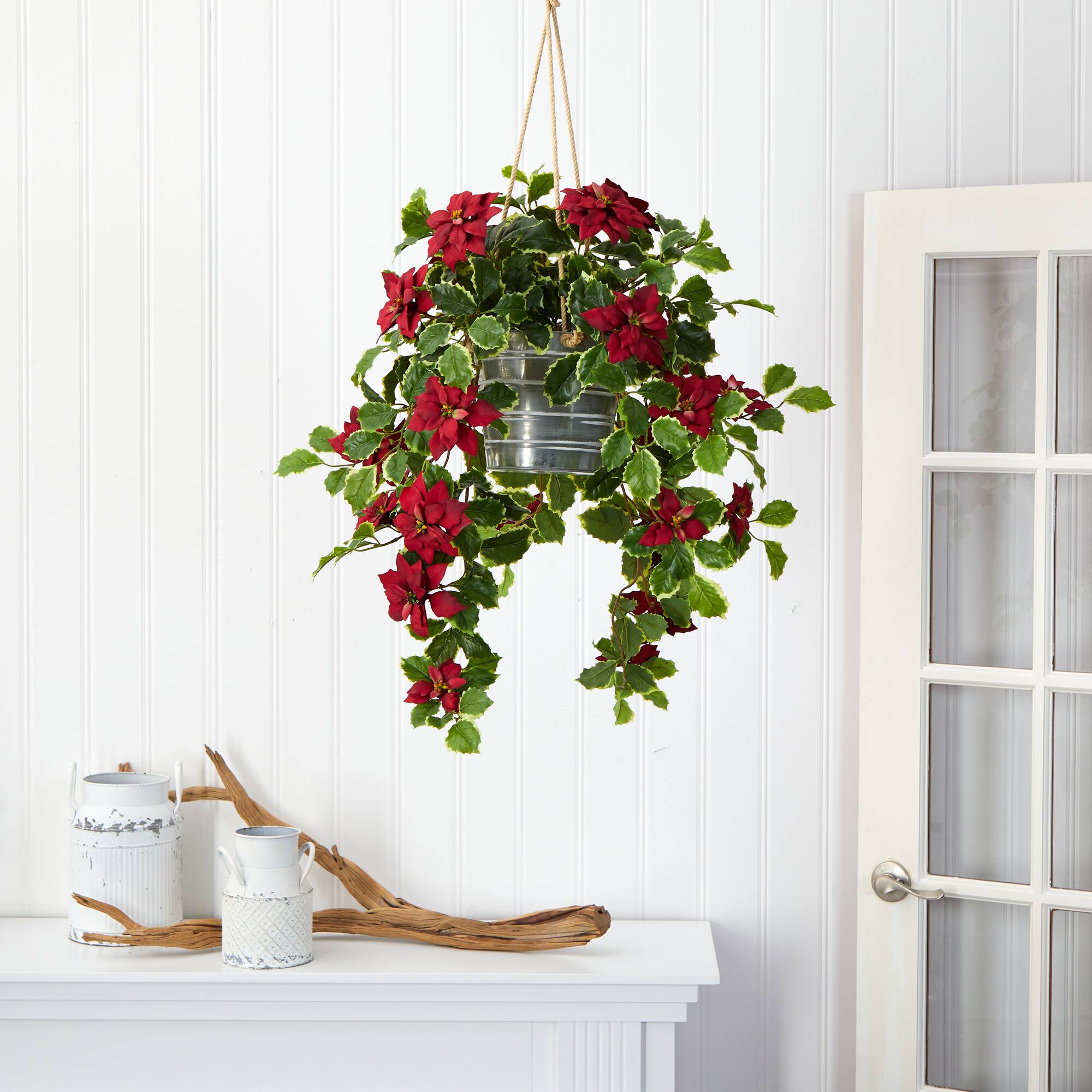 3.5ft. Real Touch Poinsettia and Variegated Holly Artificial Plant in Hanging Metal Bucket