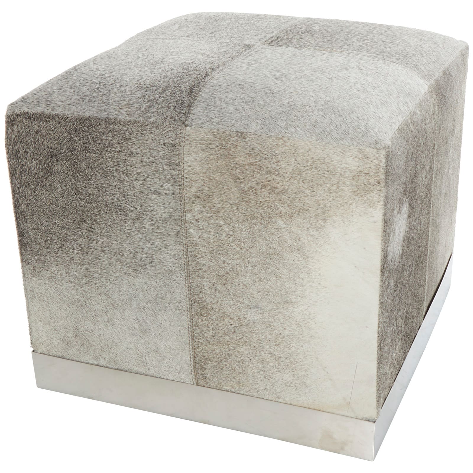 17&#x22; Gray Leather Patchwork Pouf with Silver Metal Base