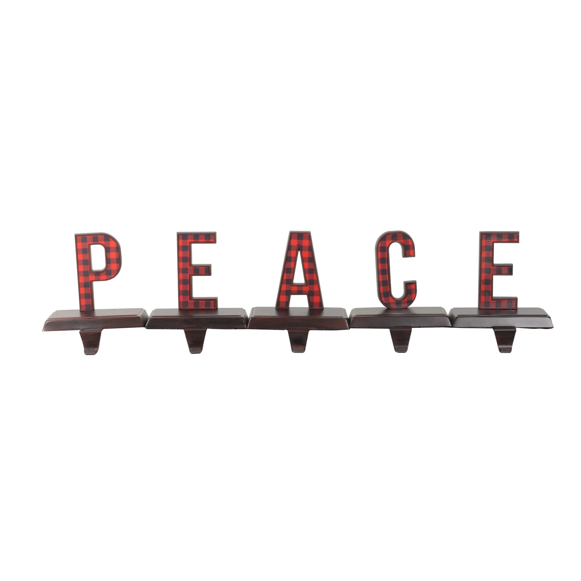 6&#x22; Red &#x26; Black Buffalo Plaid Peace Christmas Stocking Holder Set