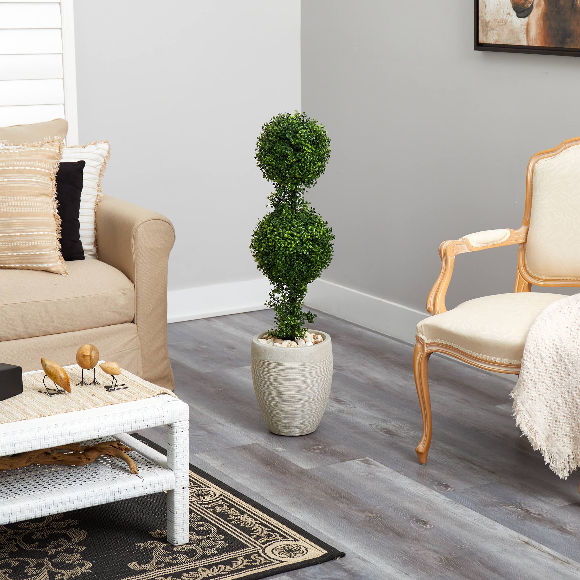 3.5ft. Boxwood Double Ball Topiary Artificial Tree in Sand Colored Planter