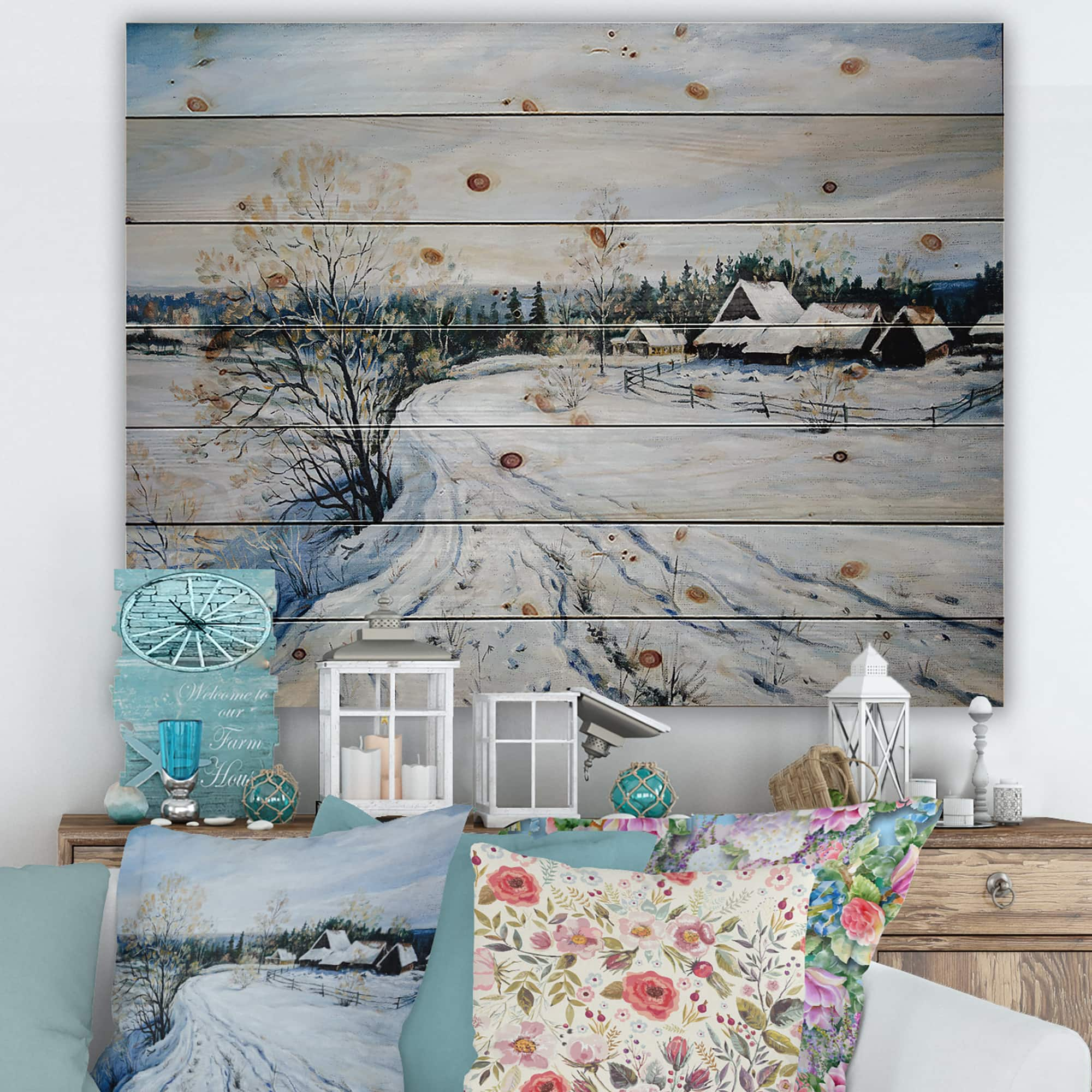 Designart - Country Road In Winter Times II - Traditional Print on Natural Pine Wood