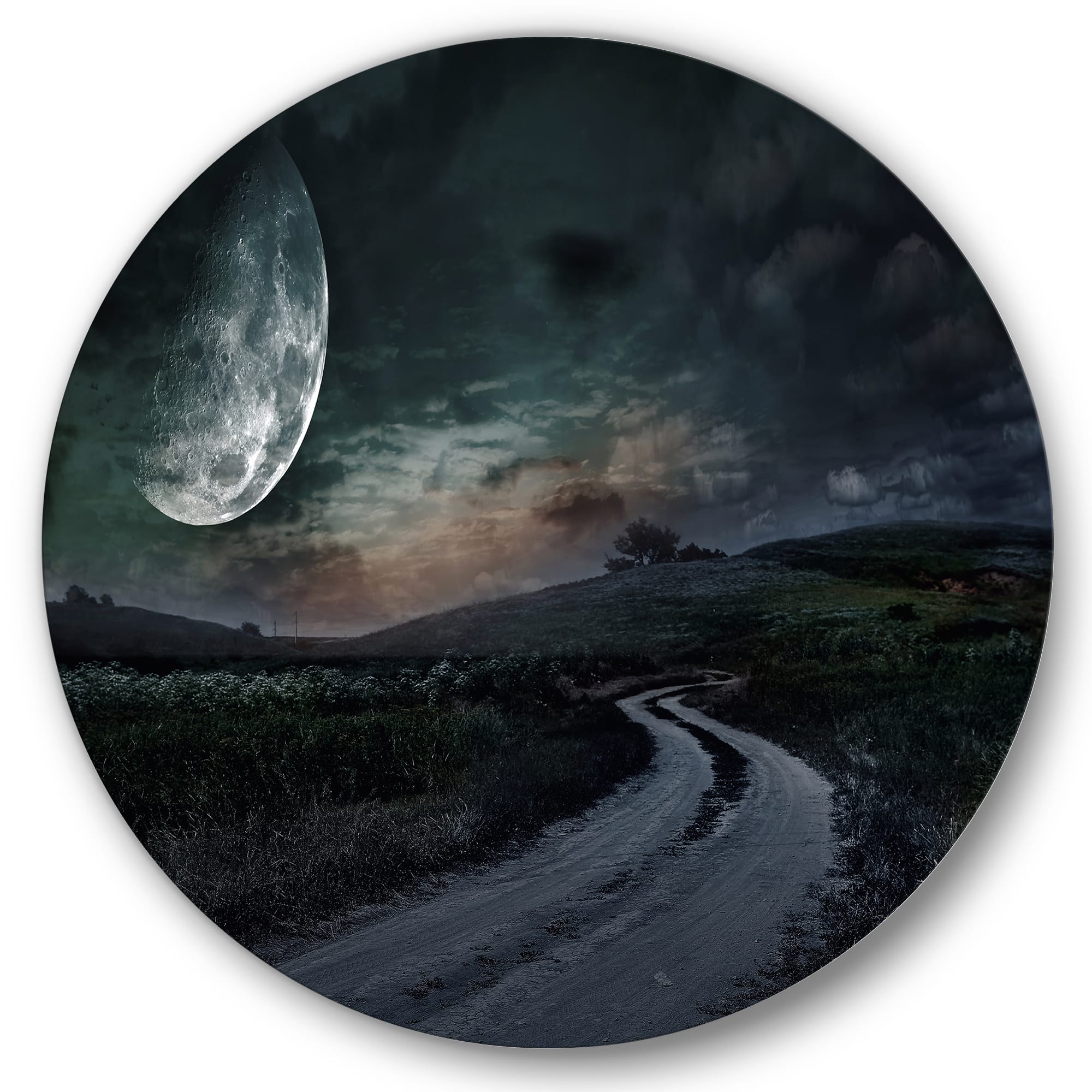 Designart - Rural Road Through The Meadow Under Full Moon