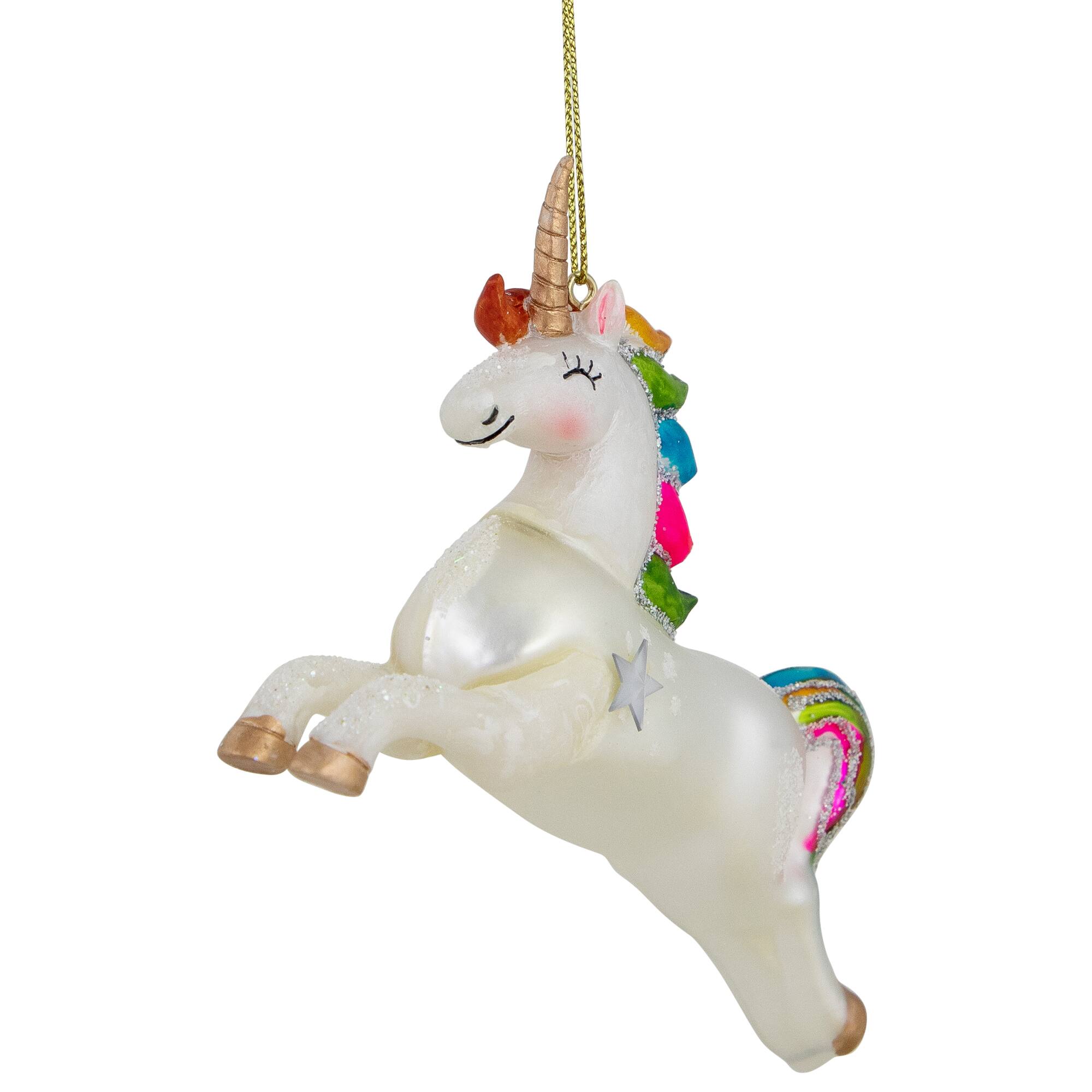 White Unicorn with Rainbow Mane Glittered Christmas Glass Ornament