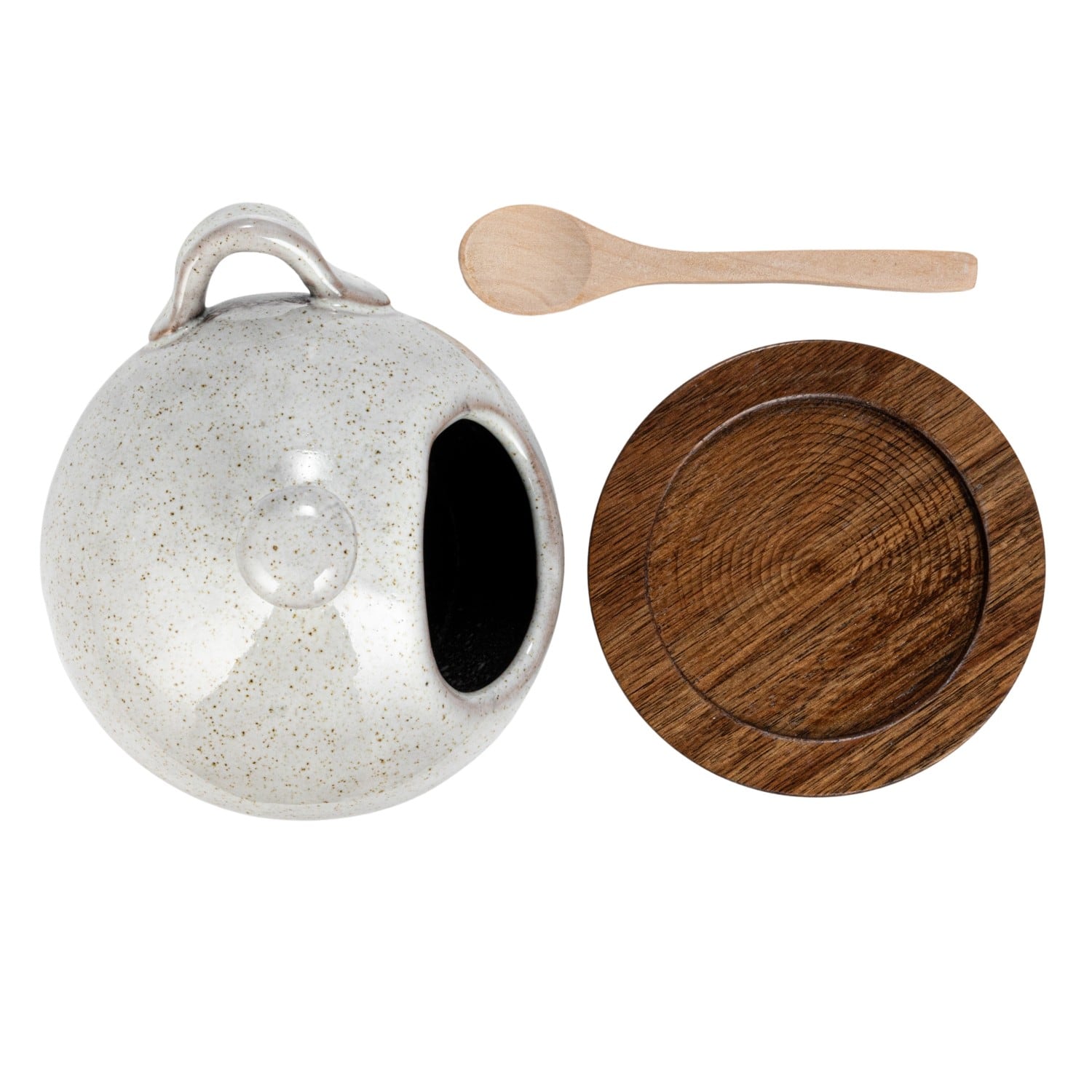 5.5&#x22; Cream Stoneware Salt Jar with Wood Spoon &#x26; Coaster