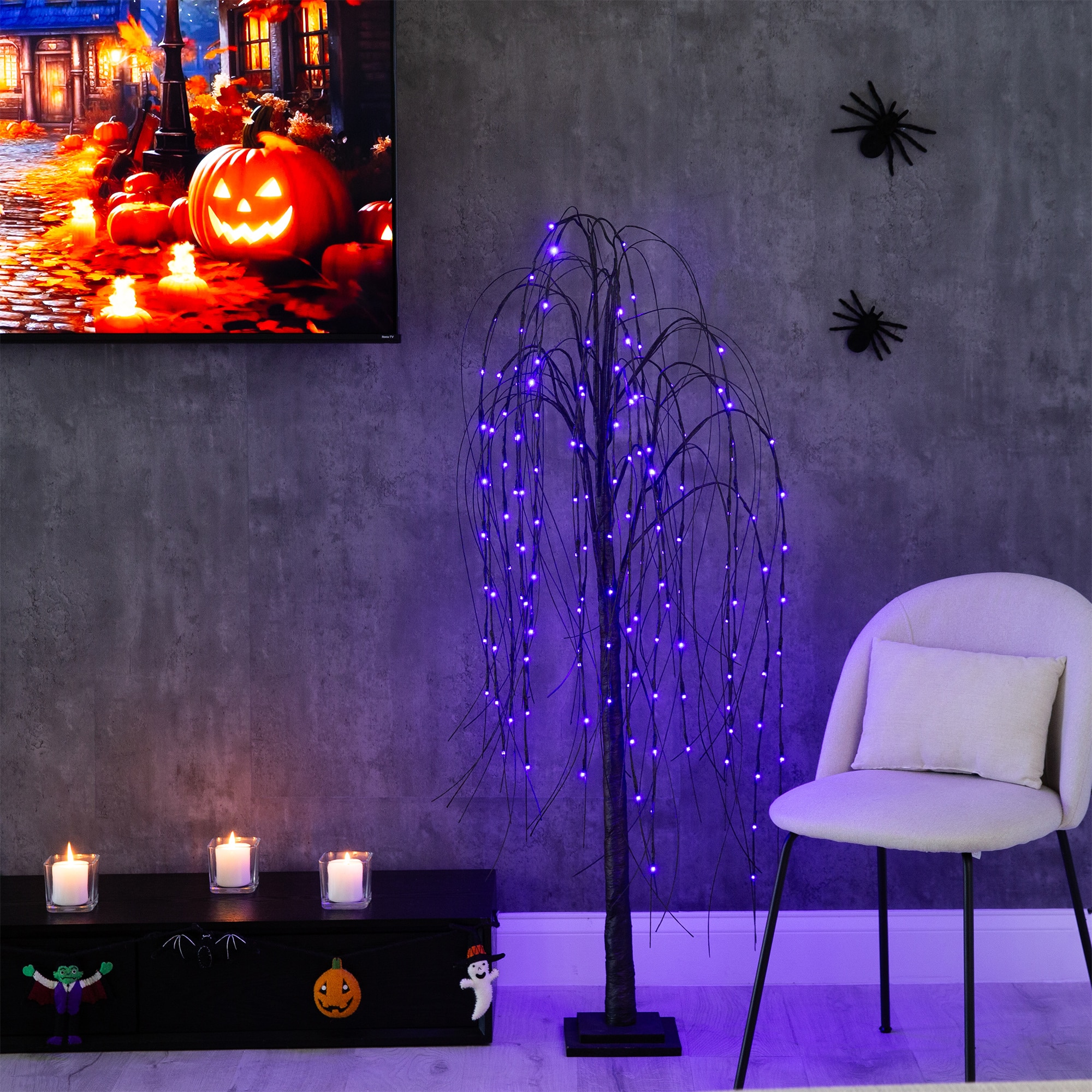 5ft. Orange &#x26; Purple LED Pre-Lit Halloween Black Willow Artificial Fall Tree
