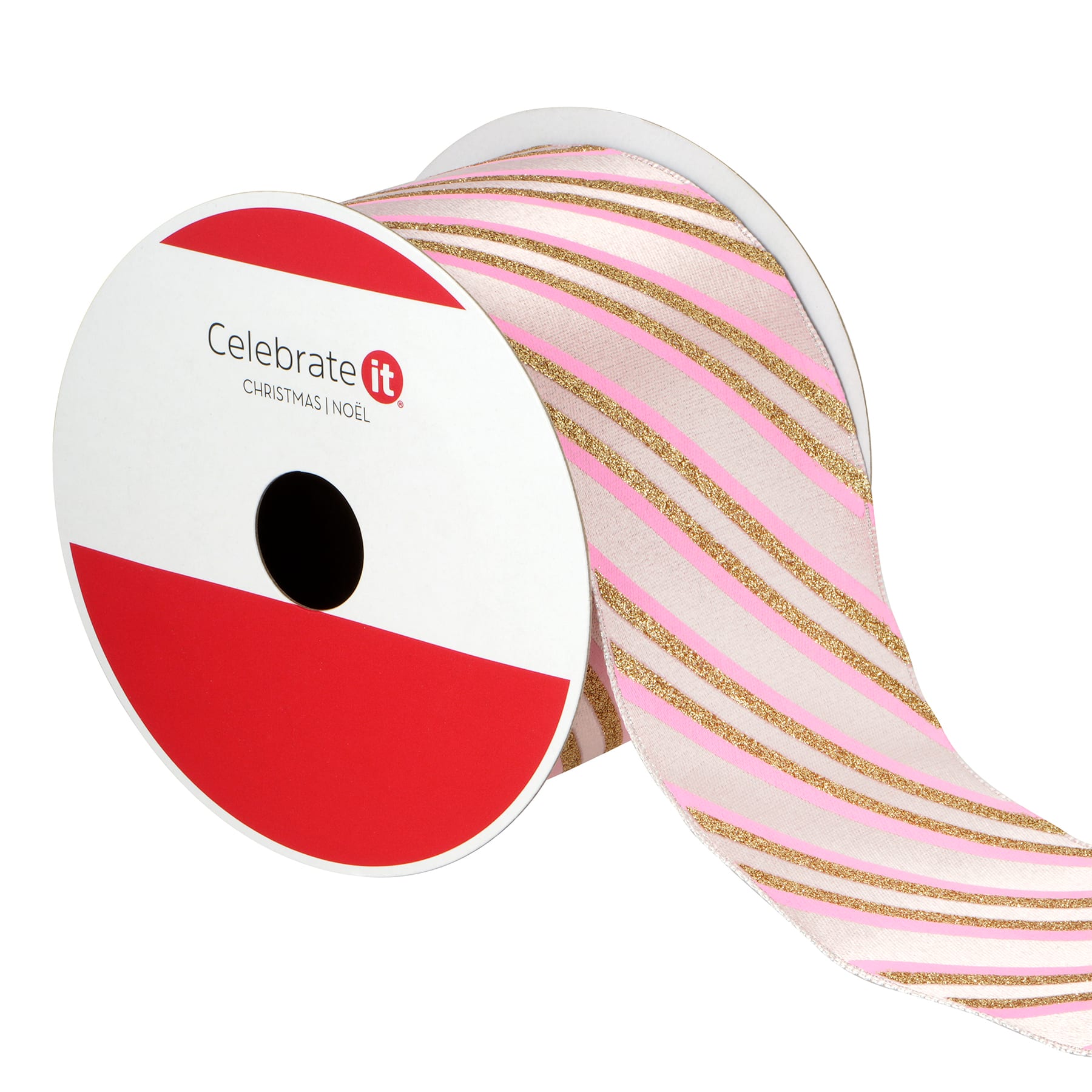 2.5&#x22; x 20ft. Blush &#x26; Gold Diagonal Stripes Wired Ribbon by Celebrate It&#xAE;