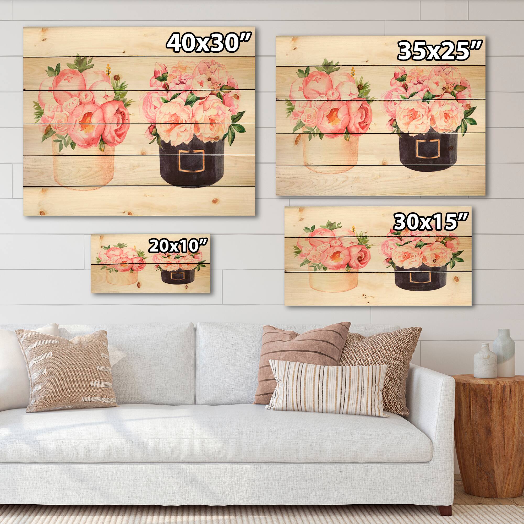 Designart - Flower Box With Peonies and Rose - Farmhouse Print on Natural Pine Wood