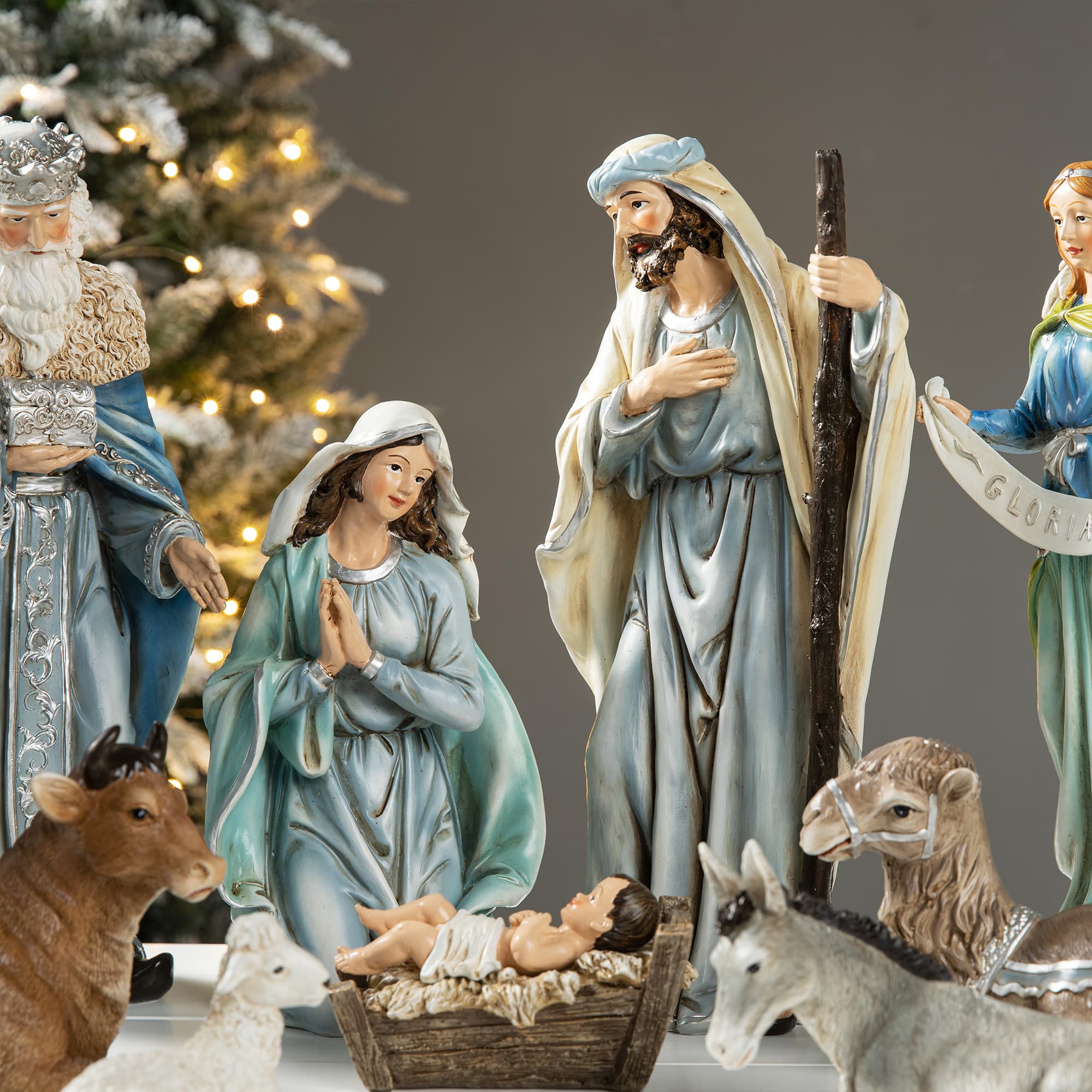 Glitzhome® Oversized Deluxe Blue Resin Nativity Figurine Set