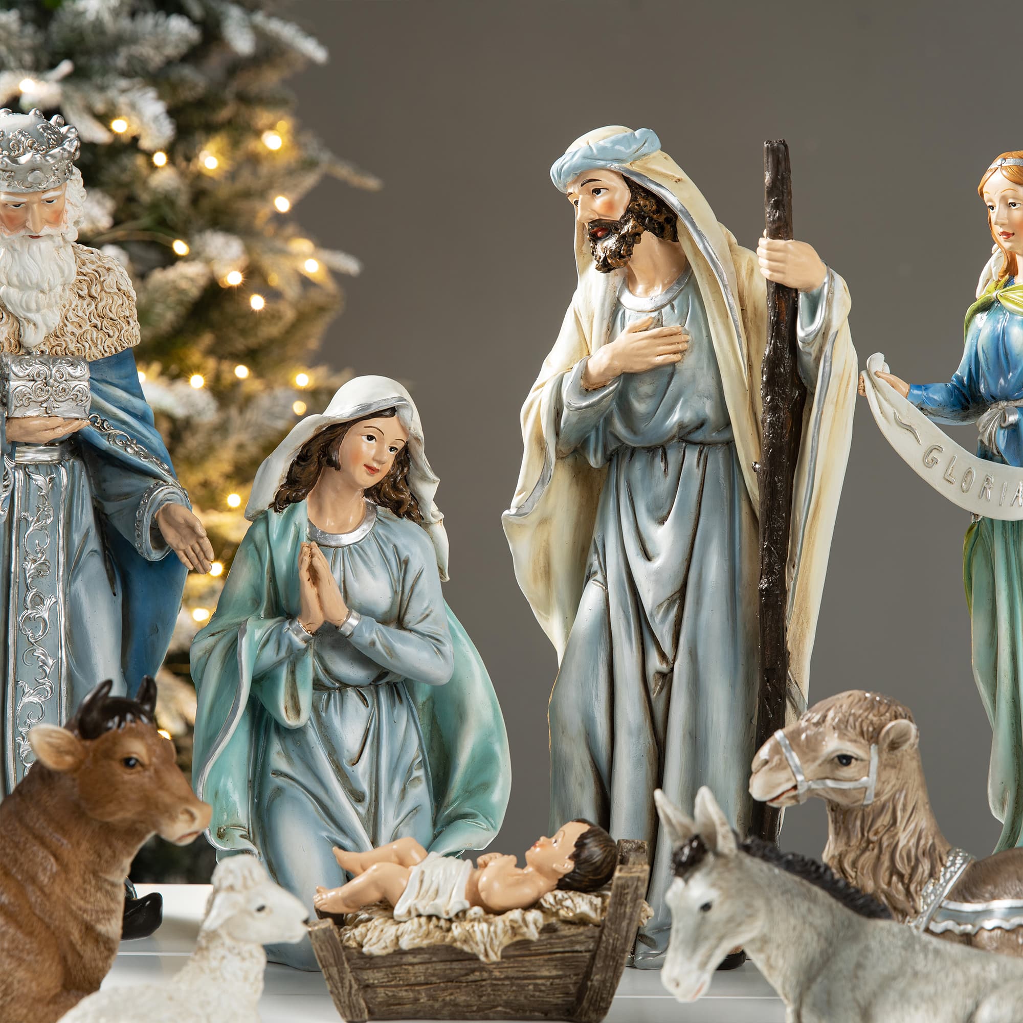 Glitzhome&#xAE; Oversized Deluxe Blue Resin Nativity Figurine Set