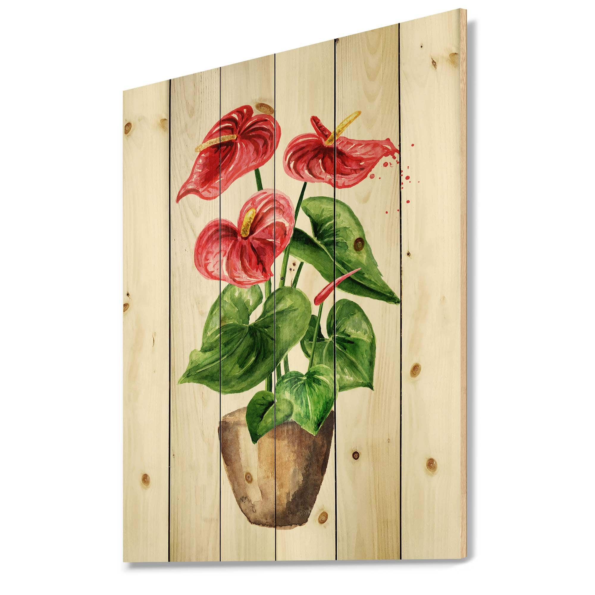 Designart - Anthurium Tailflower Or Flamingo Flower In The Pot - Traditional Print on Natural Pine Wood