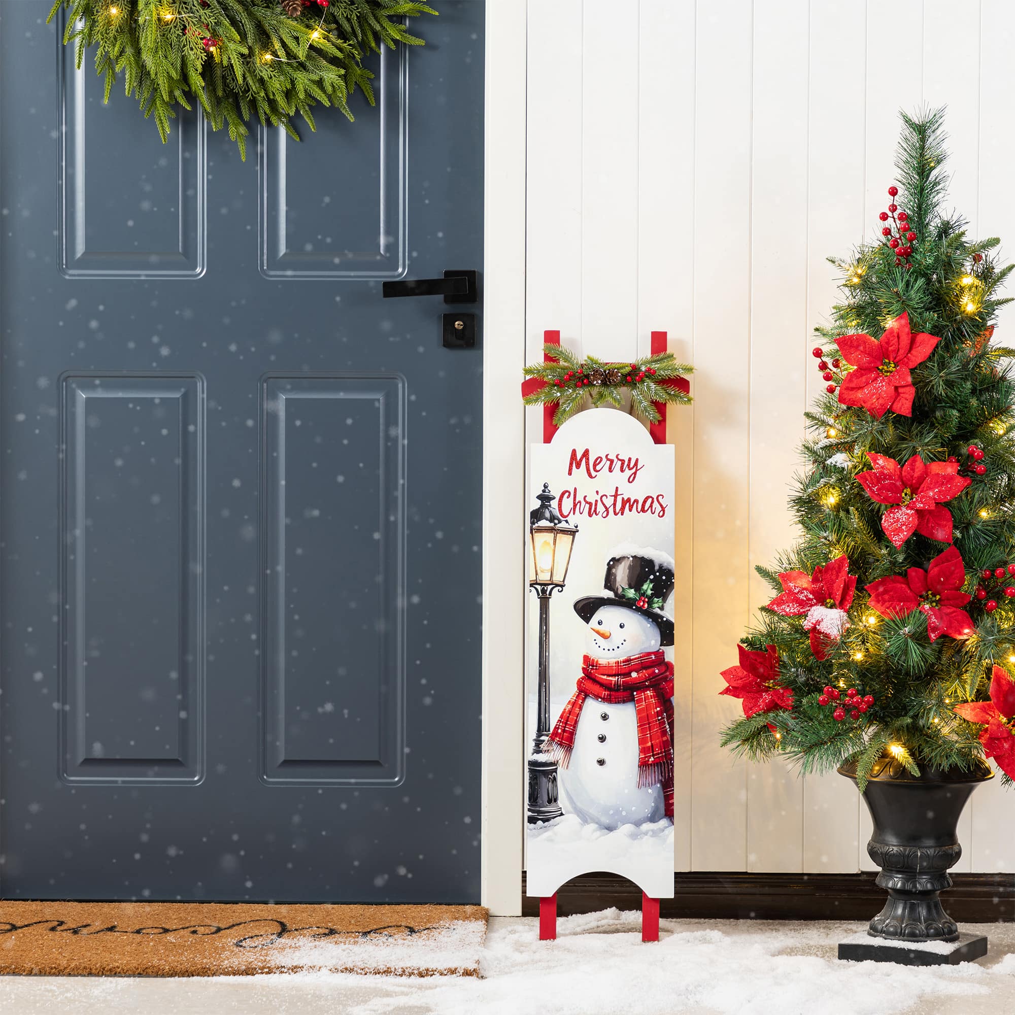 Glitzhome&#xAE; 36&#x22; Wooden Christmas Snowman Sleigh Porch Sign