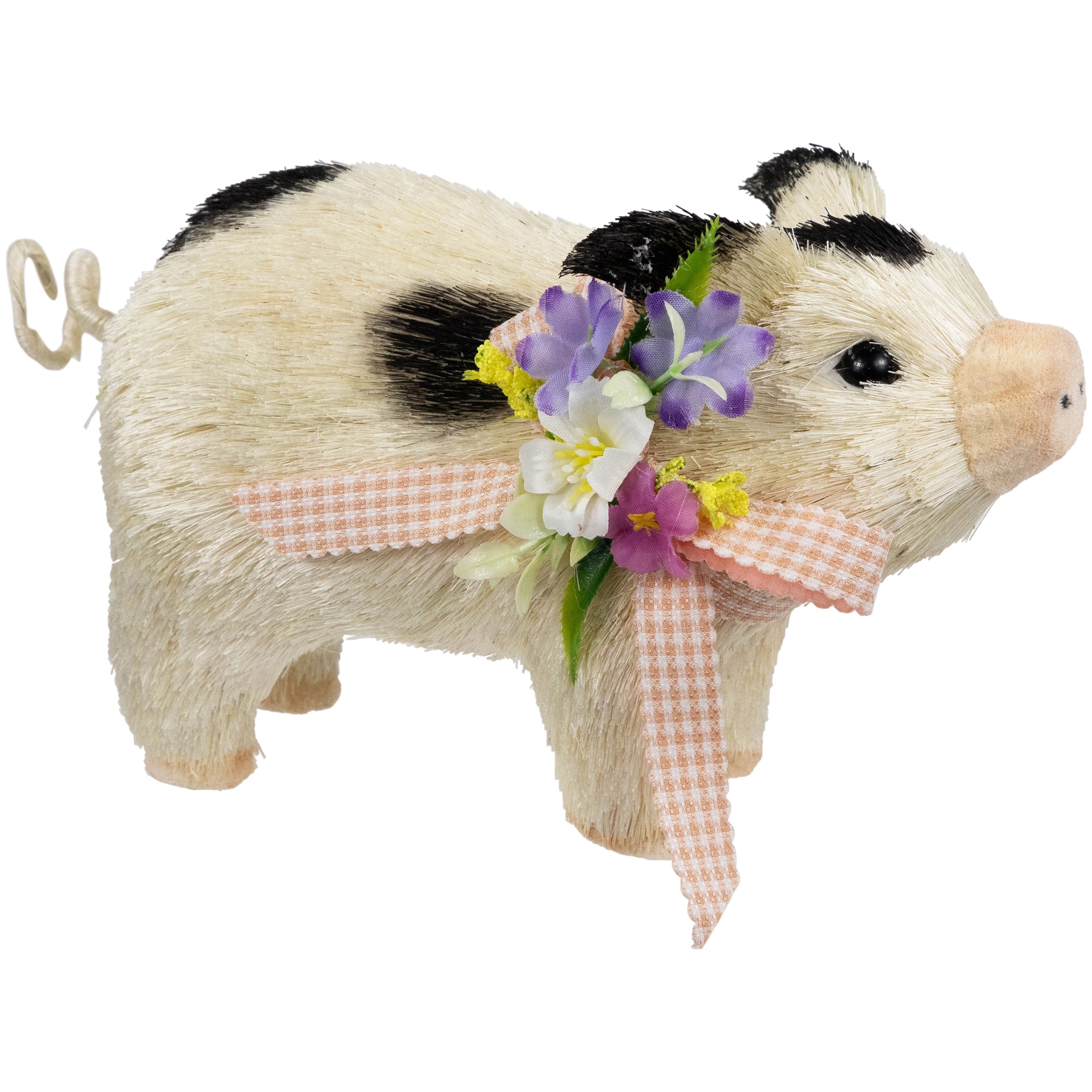 9&#x22; Spotted Piglet with Bow and Flowers Spring Figurine