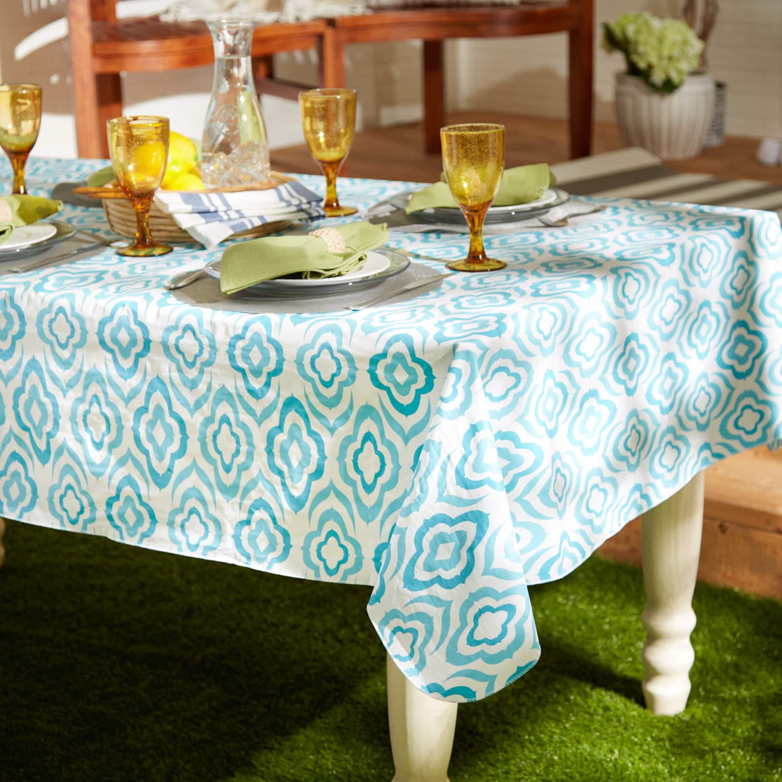 Blue Ikat Vinyl Tablecloth 60" x 102"