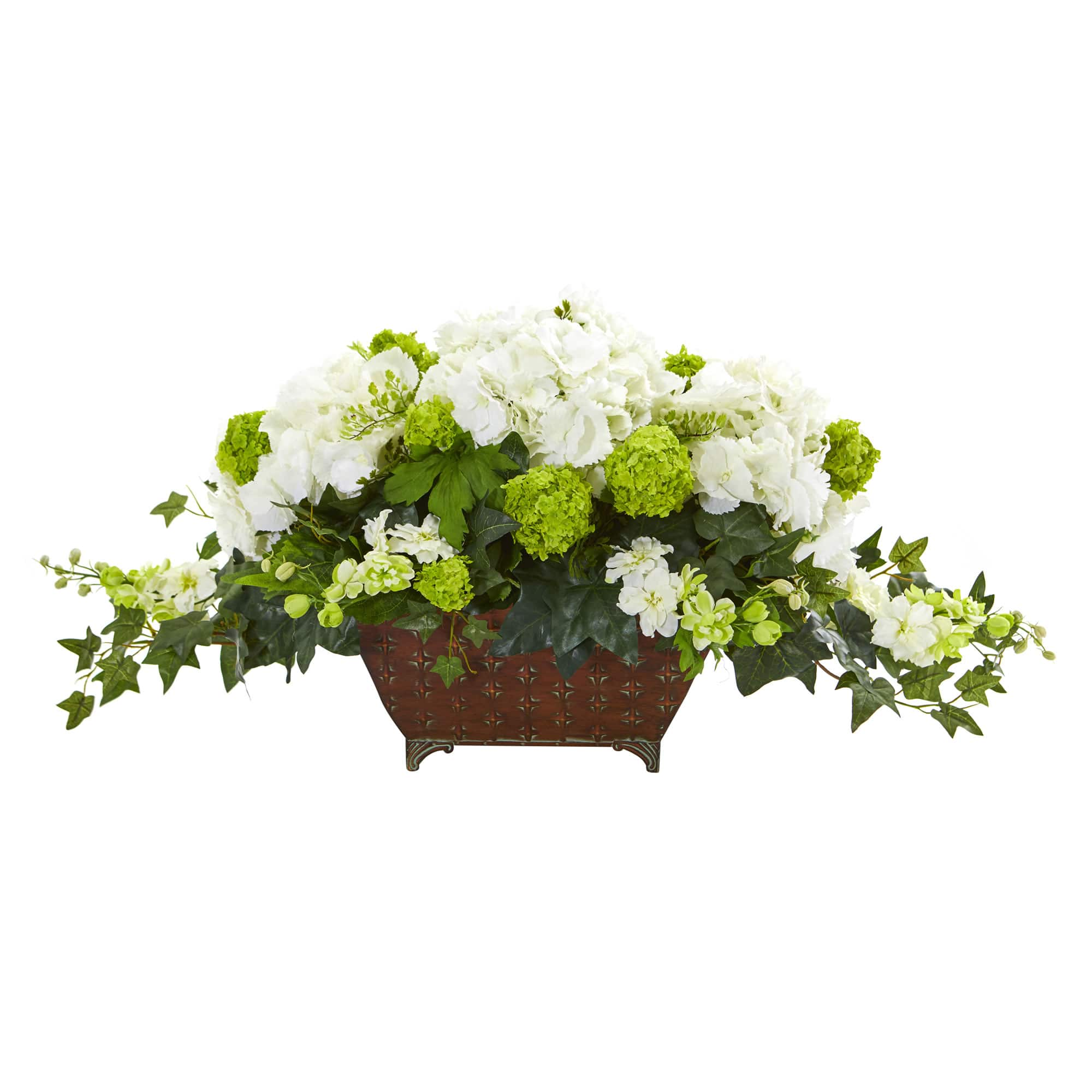 15.5&#x22; White Hydrangea &#x26; Ivy Arrangement in Metal Planter