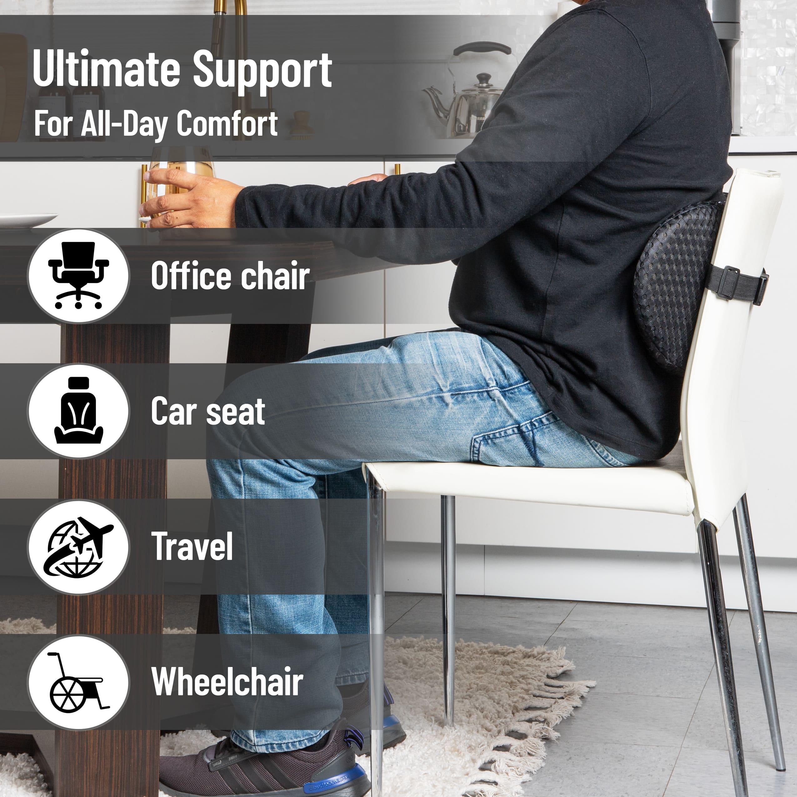 Mind Reader Lumbar Support Pillow with Air-Cloud Technology, Memory Foam Cushion for Back, Waist & Hip Pain Relief, Breathable Cover, Black